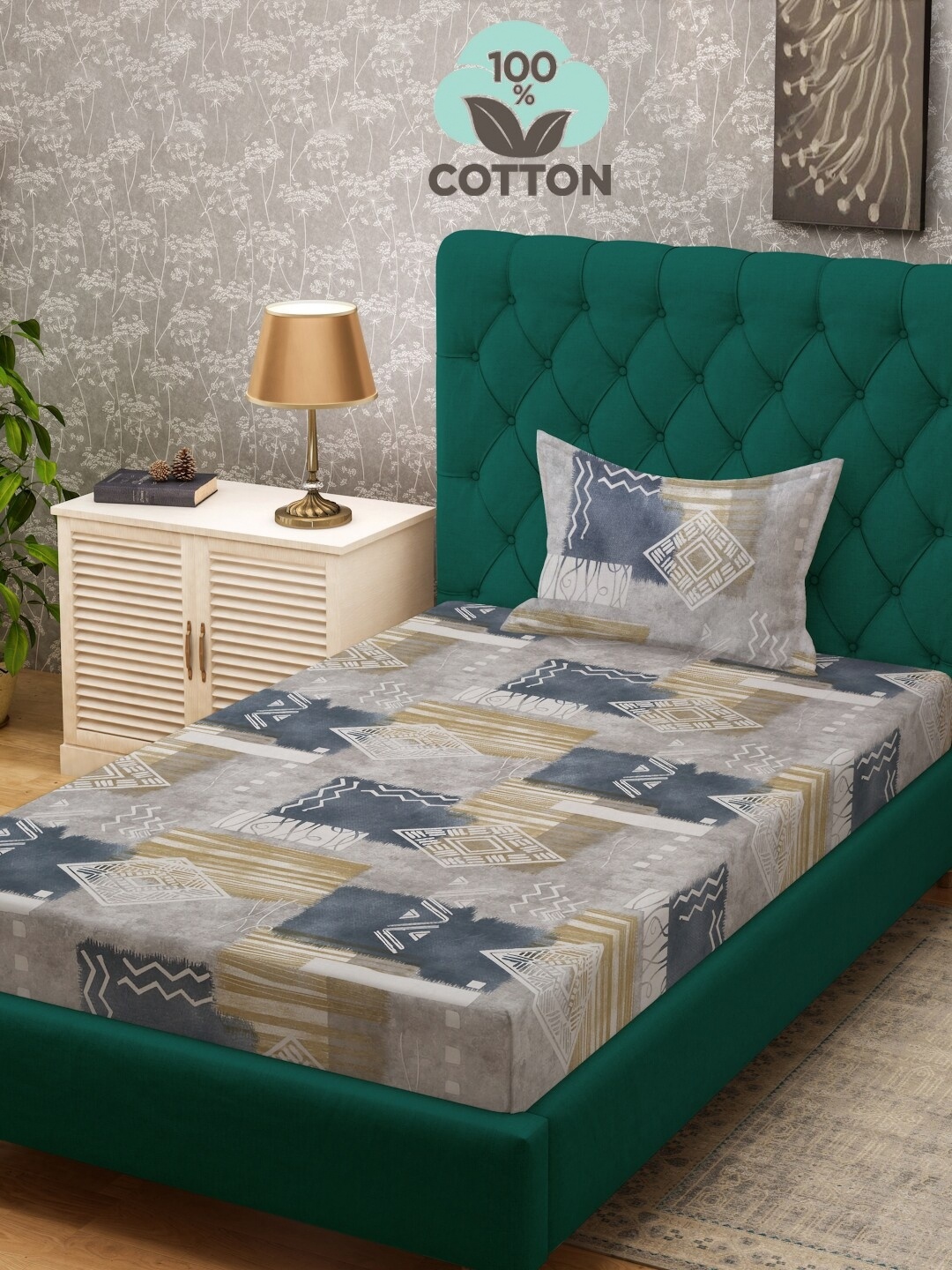 

KLOTTHE Grey & Blue Printed Pure Cotton 400 TC Single Bedsheet With Pillow Cover