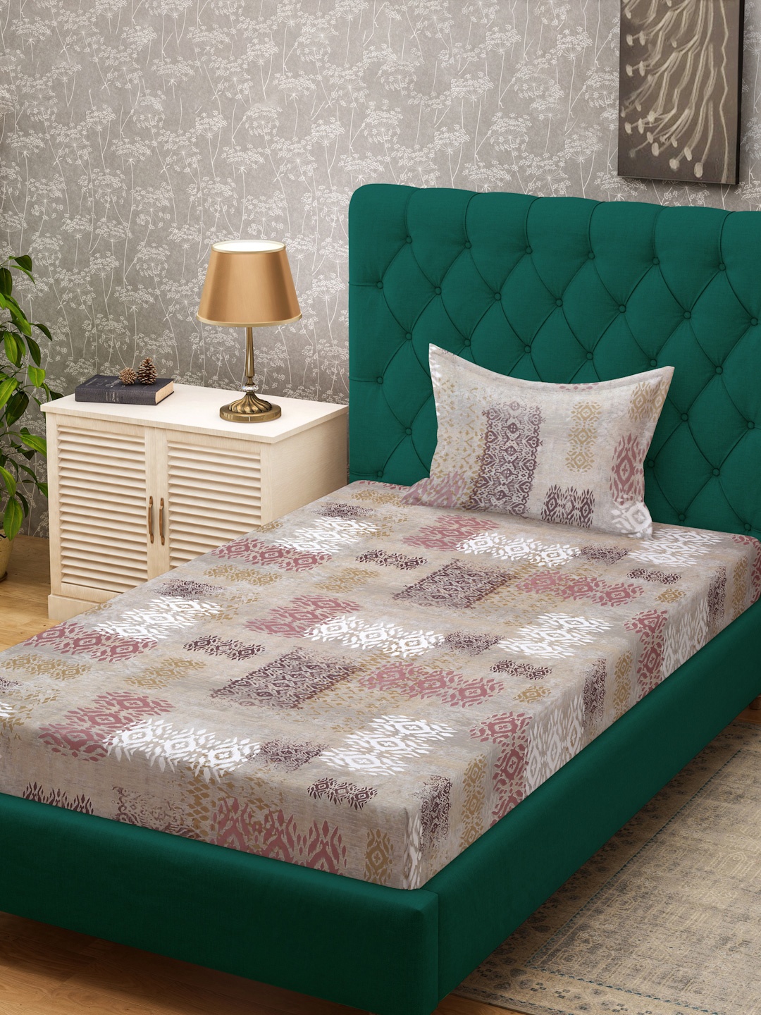

KLOTTHE Beige & Brown Printed Pure Cotton 400 TC Single Bedsheet With Pillow Cover