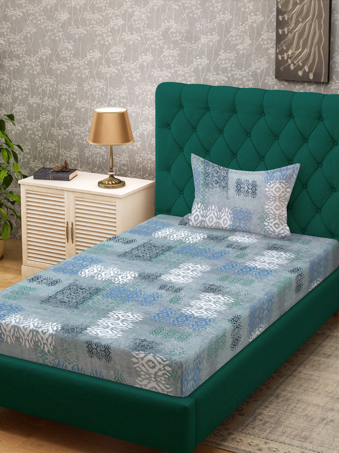 

KLOTTHE Blue & Grey Printed Pure Cotton 400 TC Single Bedsheet With Pillow Cover