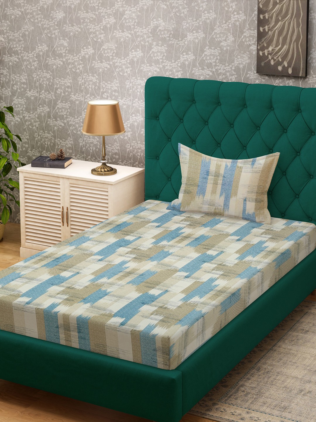 

KLOTTHE Blue & Green Printed Pure Cotton 400 TC Single Bedsheet With Pillow Cover