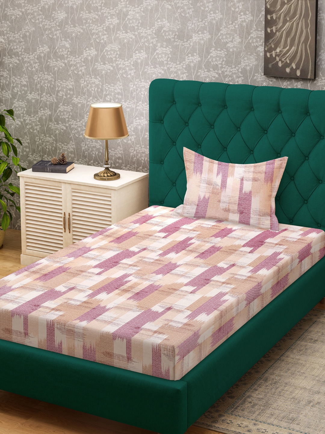 

KLOTTHE White & Pink Printed Pure Cotton 400 TC Single Bedsheet With Pillow Cover