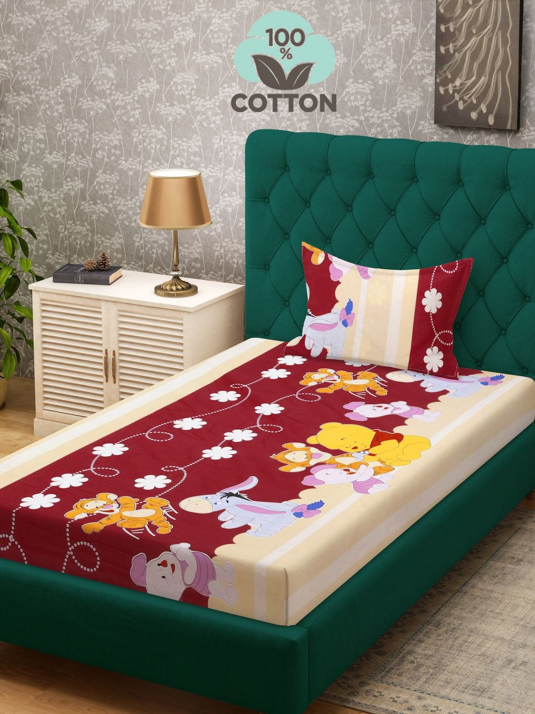 

KLOTTHE Red & Cream Printed Pure Cotton 400 TC Single Bedsheet With Pillow Cover