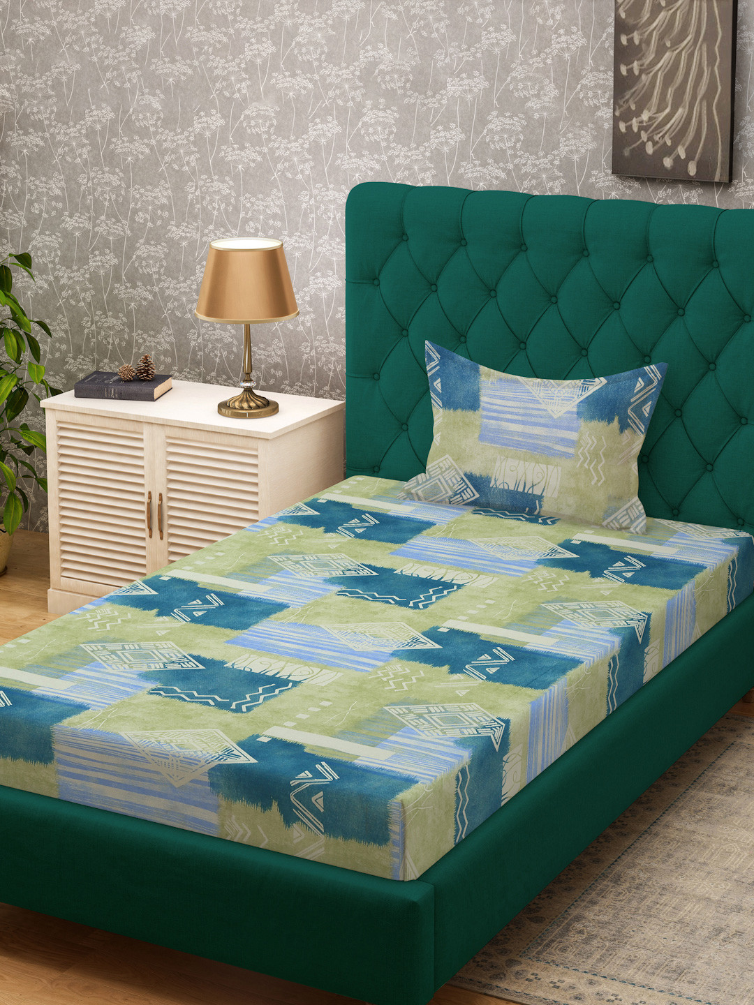

KLOTTHE Green & Blue Printed Pure Cotton 400 TC Single Bedsheet With Pillow Cover