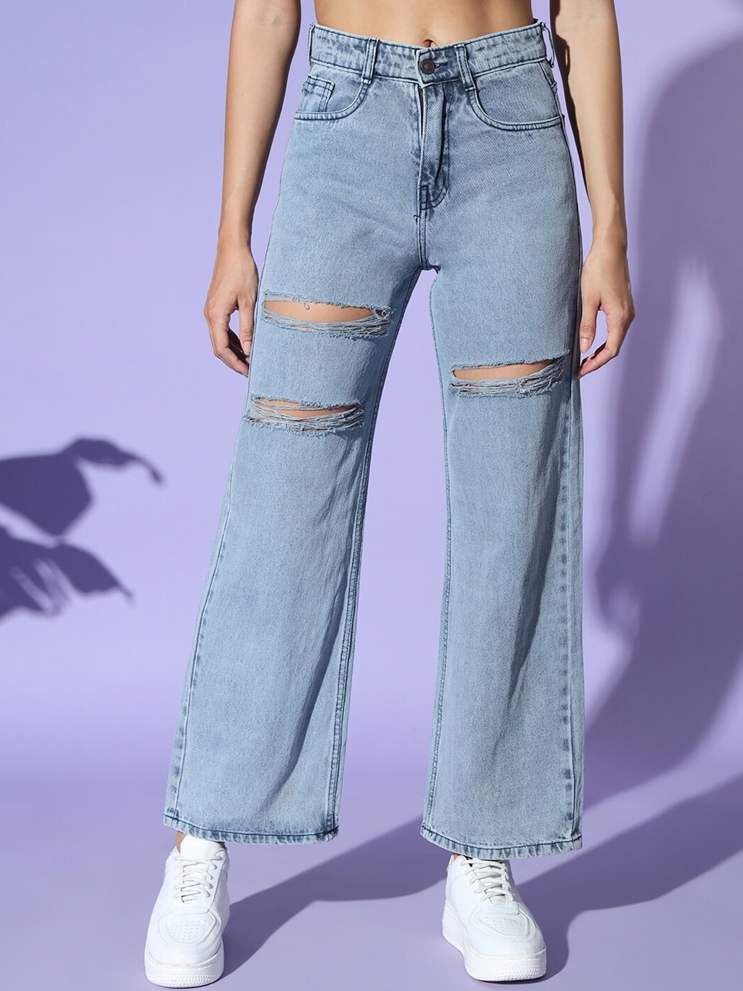 

AAHWAN Women Wide Leg High-Rise Mildly Distressed Heavy Fade Stretchable Jeans, Grey