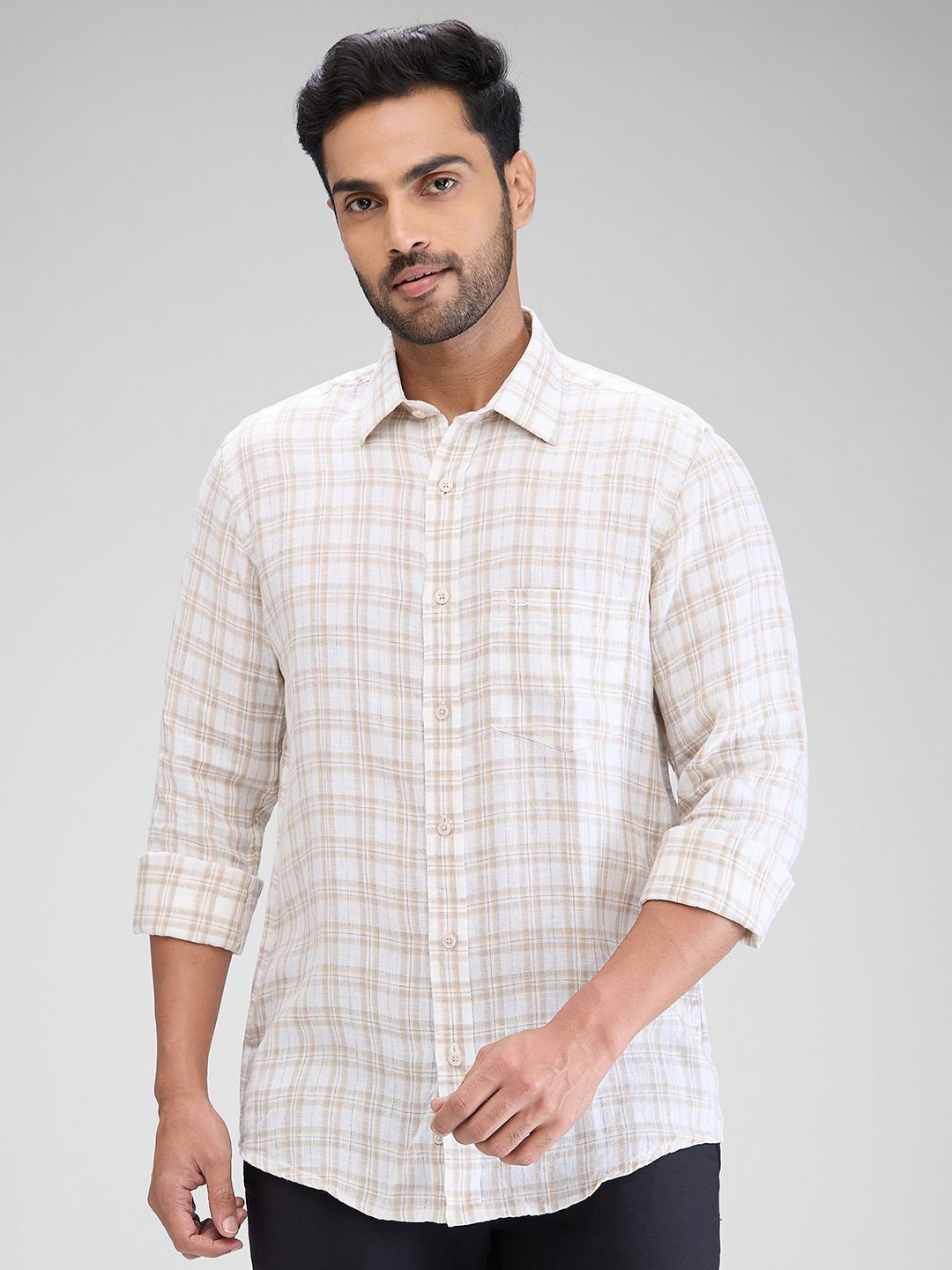 

ColorPlus Men Tailored Fit Tartan Checks Opaque Checked Casual Shirt, Beige