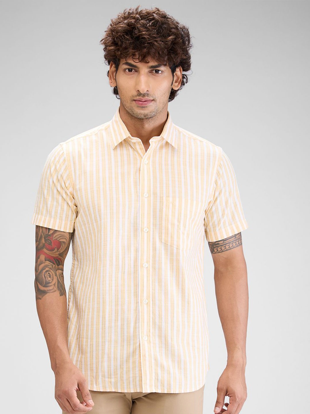 

ColorPlus Men Opaque Striped Casual Shirt, Yellow