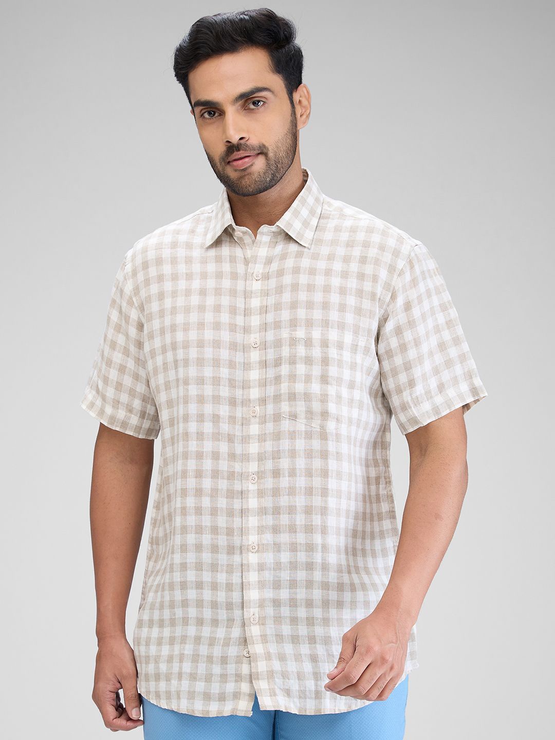 

ColorPlus Men Tailored Fit Gingham Checks Opaque Checked Casual Shirt, Beige