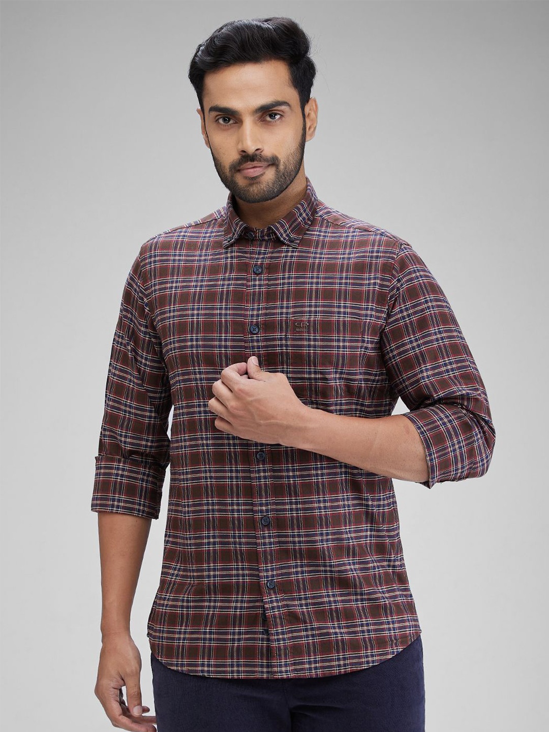 

ColorPlus Men Slim Fit Tartan Checks Opaque Checked Casual Shirt, Brown