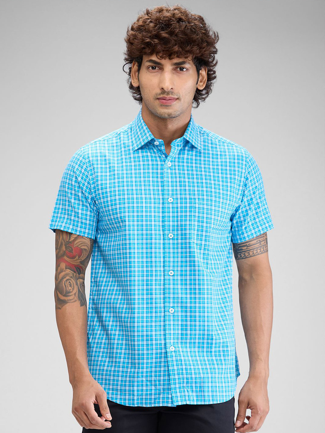 

ColorPlus Men Tailored Fit Gingham Checks Opaque Checked Casual Shirt, Blue