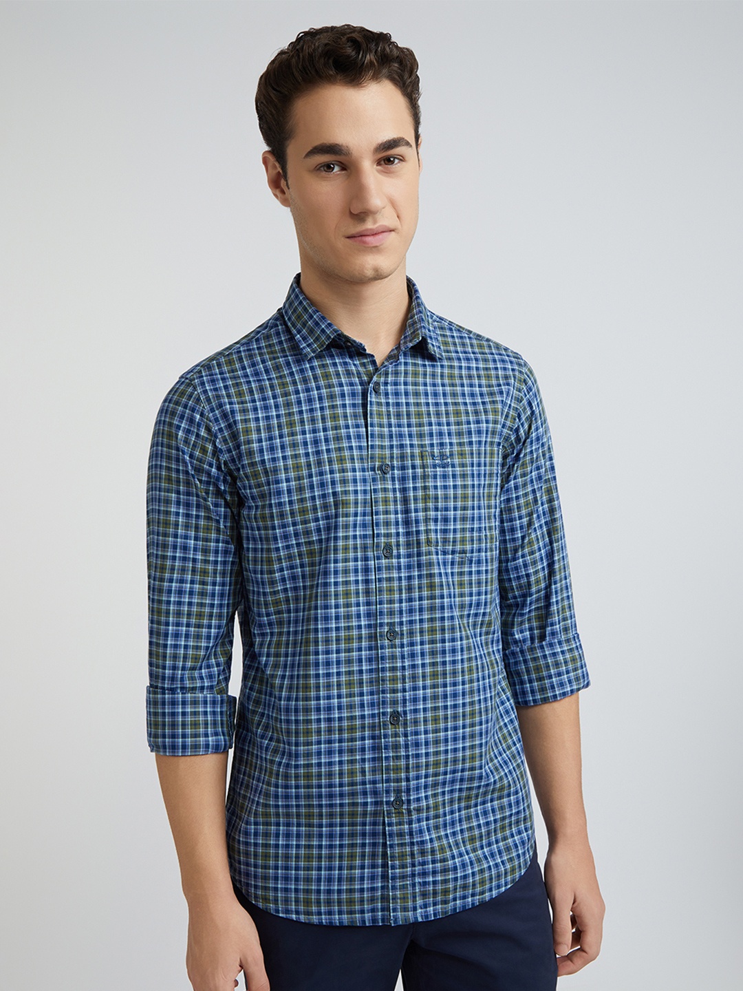 

ColorPlus Men Slim Fit Tartan Checks Opaque Checked Casual Shirt, Blue