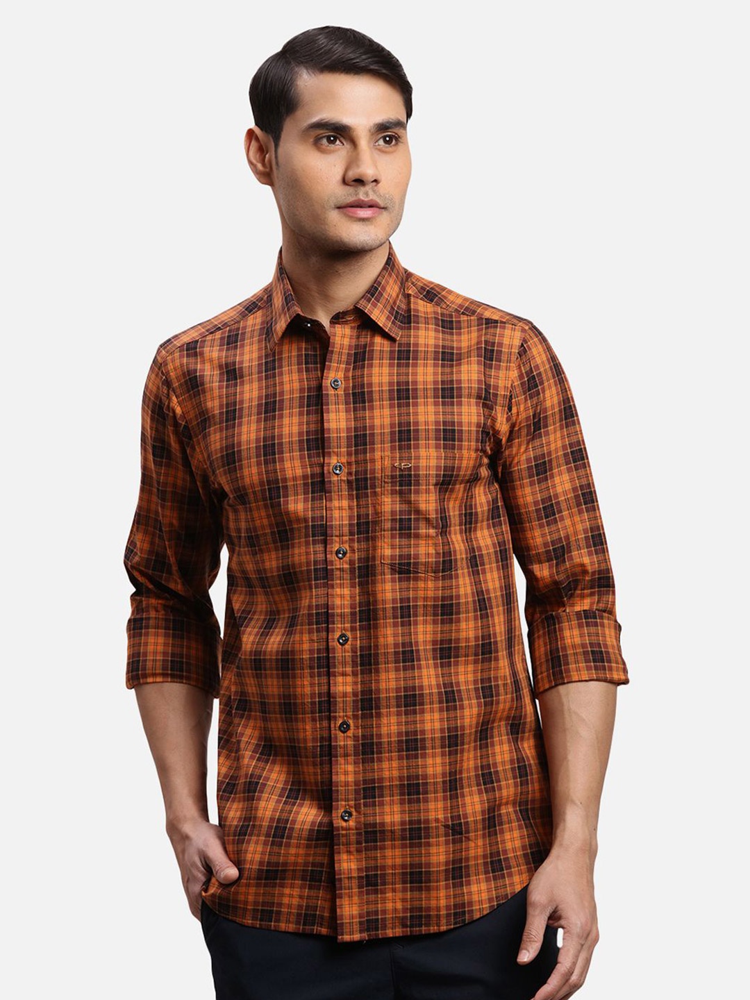 ColorPlus Men Opaque Checked Casual Shirt, Brown