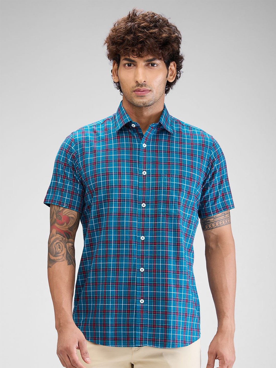 

ColorPlus Men Tailored Fit Tartan Checks Opaque Checked Casual Shirt, Blue
