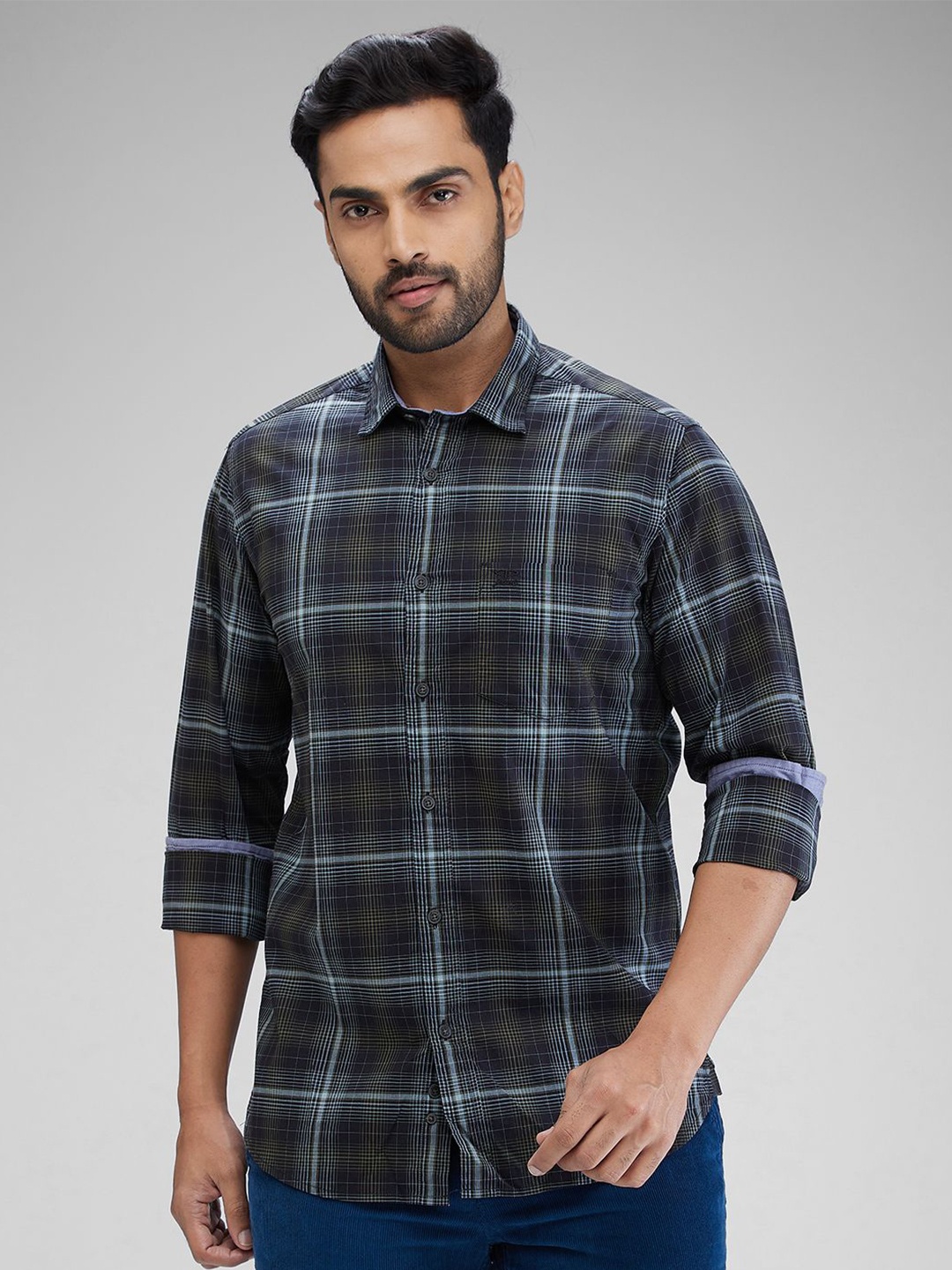 

ColorPlus Men Slim Fit Tartan Checks Opaque Checked Casual Shirt, Black