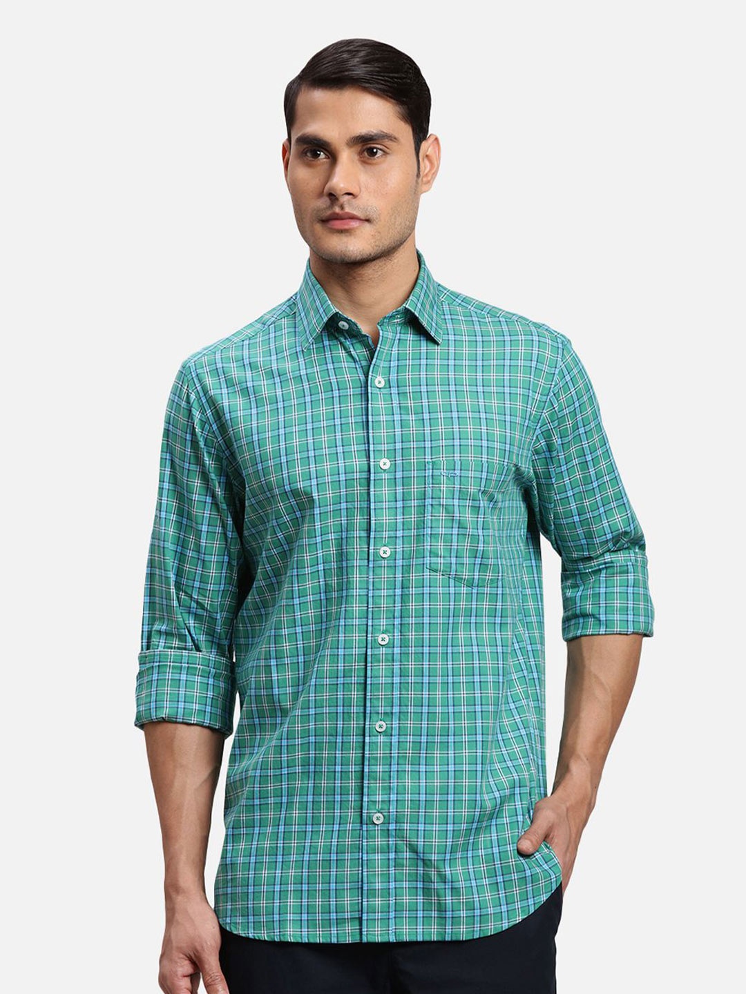 ColorPlus Men Opaque Checked Casual Shirt, Green