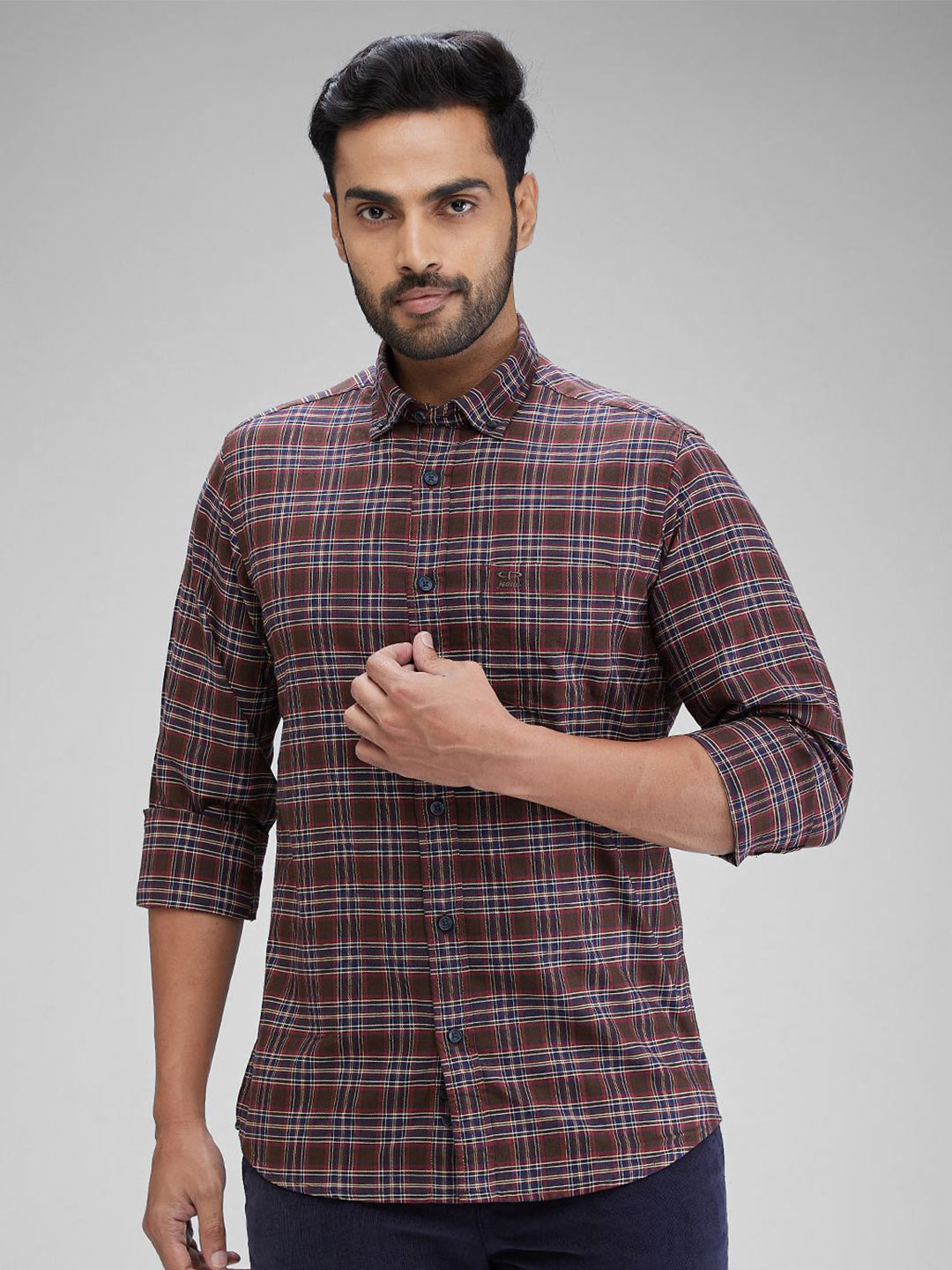 

ColorPlus Men Slim Fit Tartan Checks Opaque Checked Casual Shirt, Brown