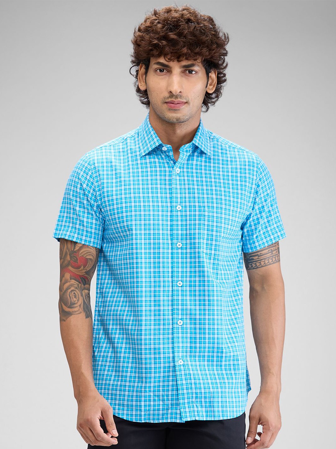 

ColorPlus Men Tailored Fit Gingham Checks Opaque Checked Casual Shirt, Blue