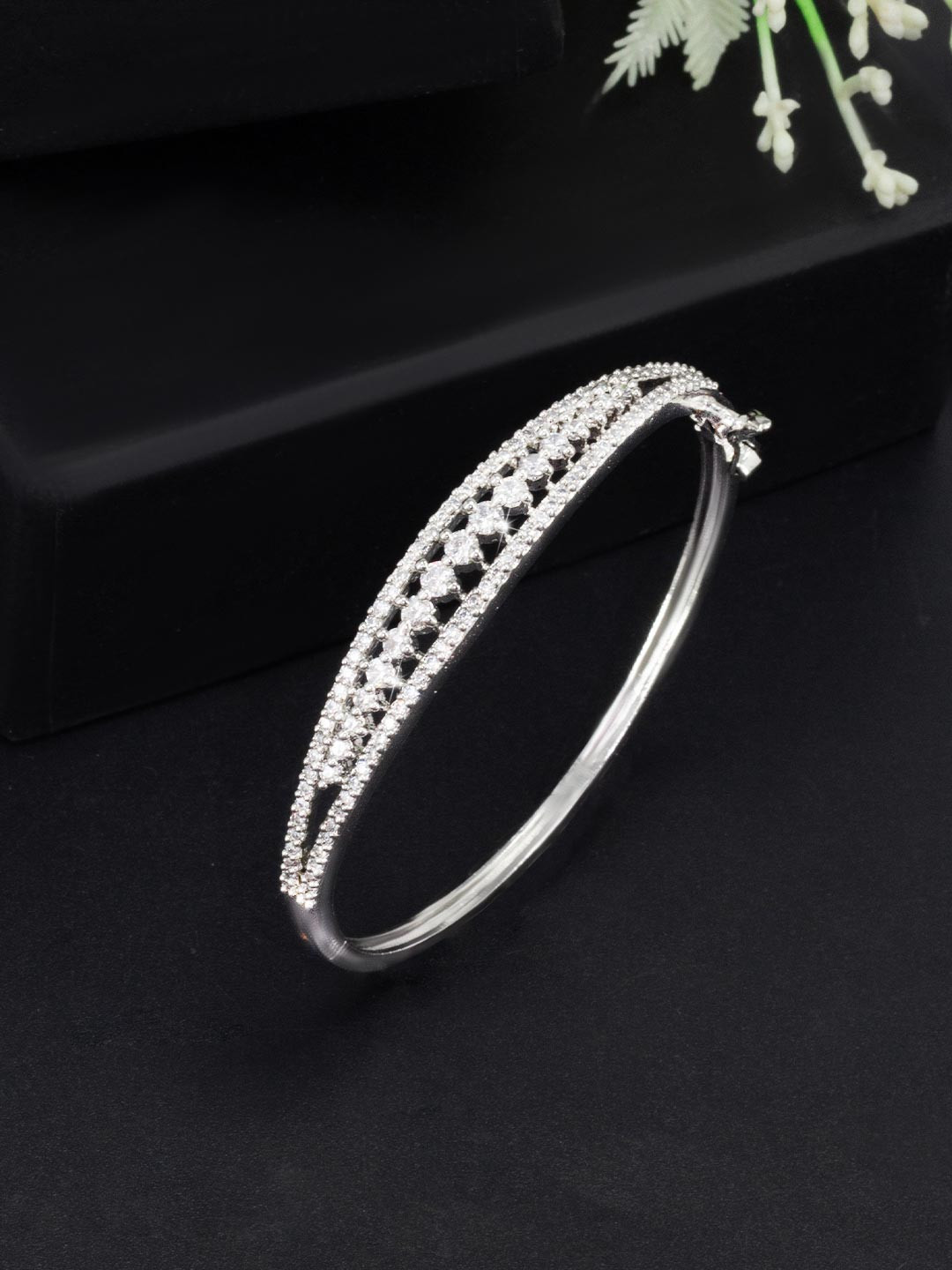 

PRIVIU Rhodium-Plated American Diamond Studded Bangle-Style Bracelet, Silver