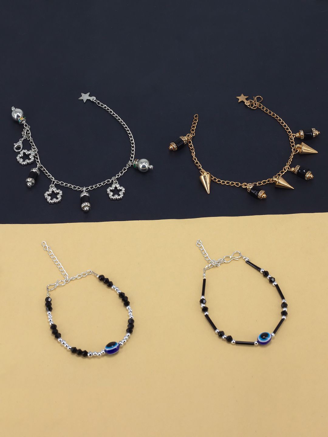 

PRIVIU Set of 4 Silver Plated Artificial Stones and Beads Wraparound Bracelet