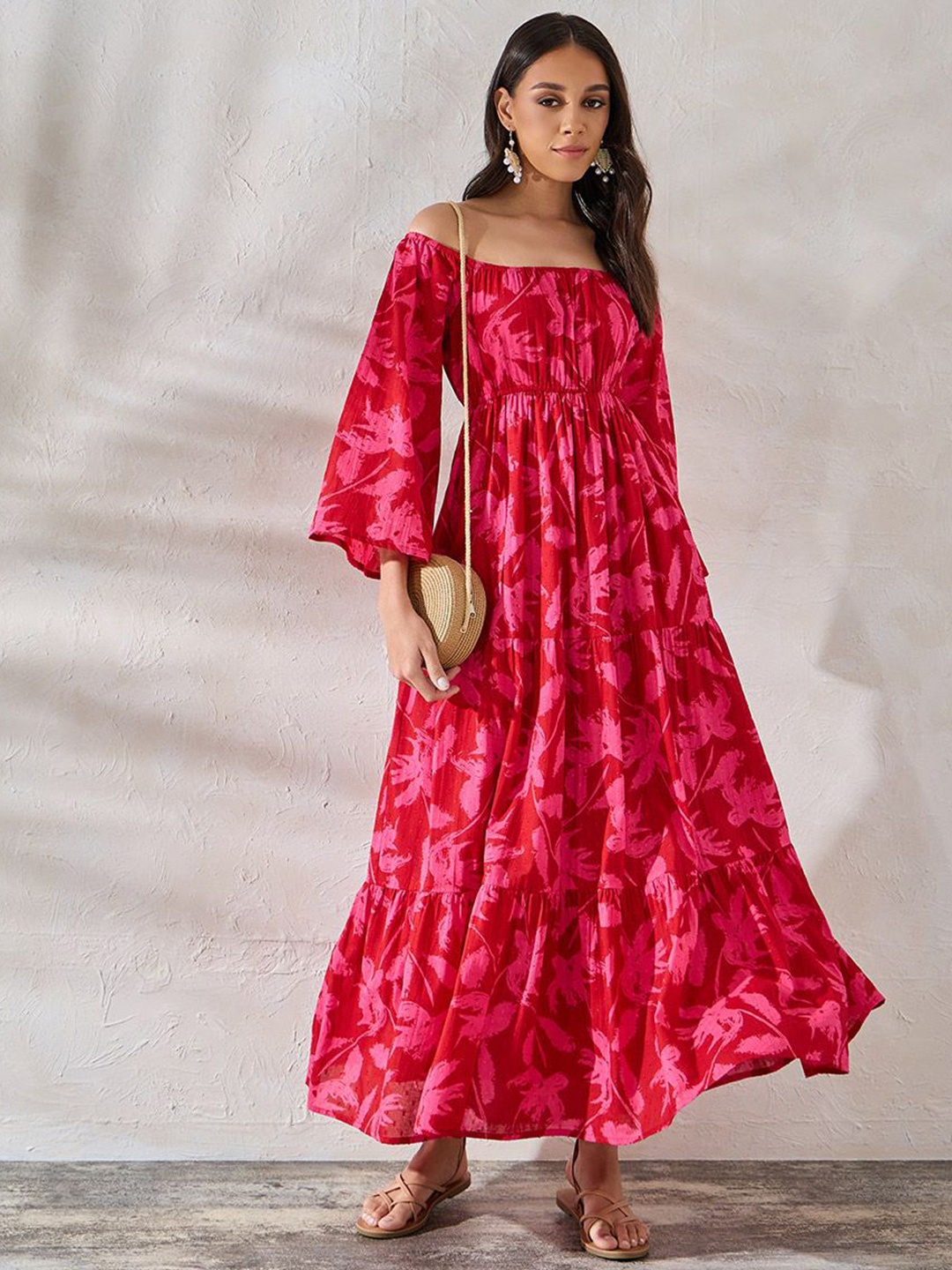 

Styli Printed Off-Shoulder Bell Sleeve Maxi Dress, Pink