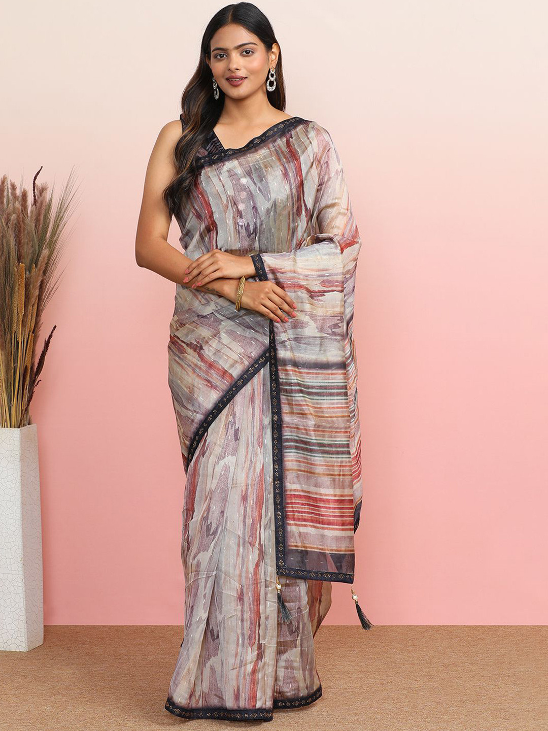 

MAHALASA Woven Design Beads and Stones Saree, Grey