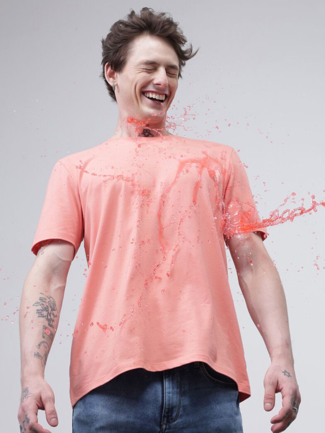 

TURMS Anti-Stain Anti-Odor Water Repellent Crew Neck Casual T-Shirt, Peach