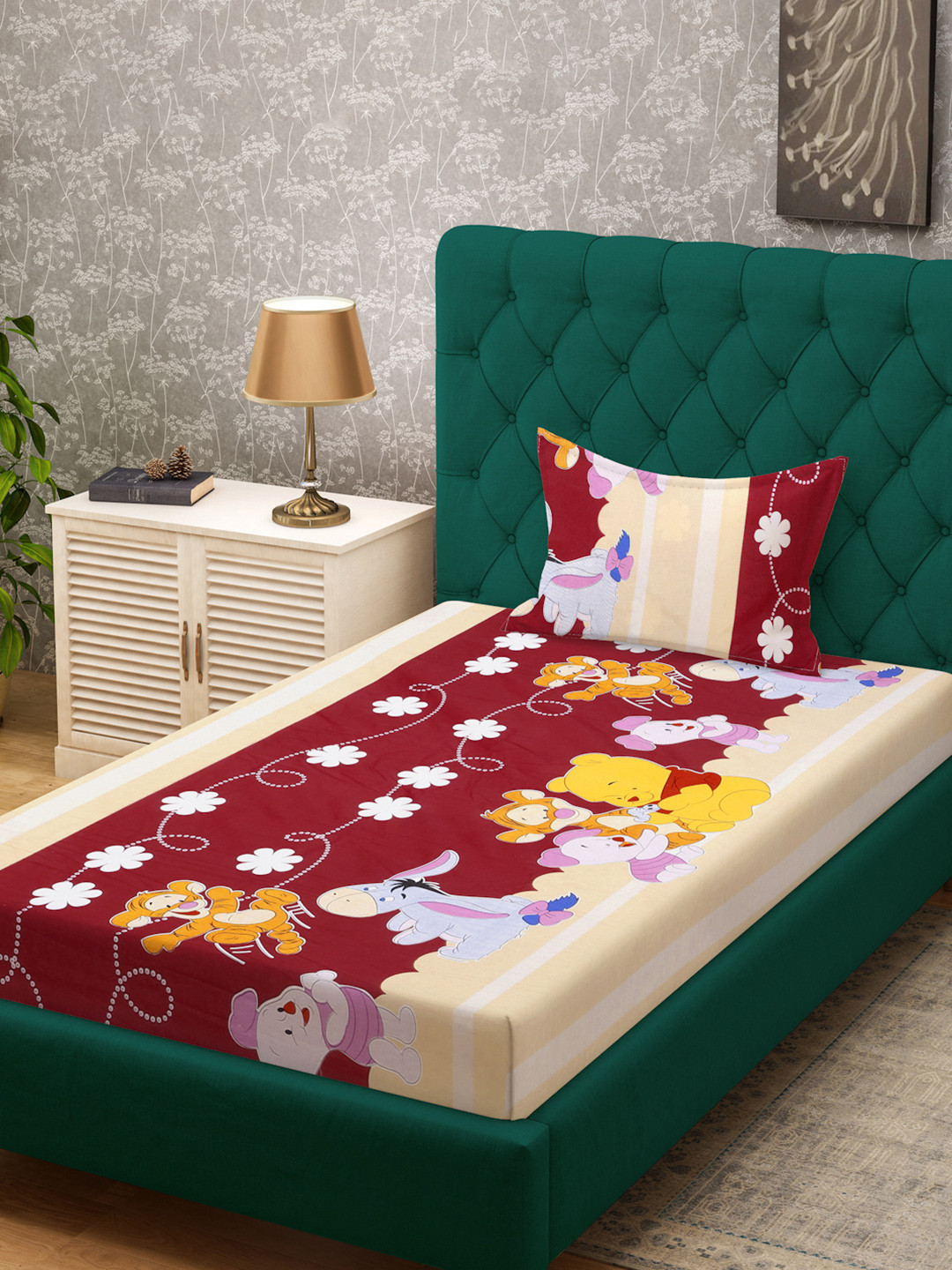 

KLOTTHE Red & Cream Printed Pure Cotton 400 TC Fitted Single Bedsheet With Pillow Cover