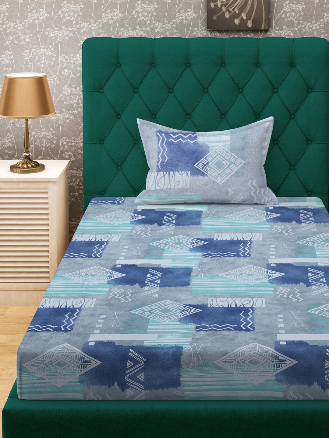 

KLOTTHE Blue & Grey Printed Pure Cotton 400 TC Fitted Single Bedsheet With Pillow Cover