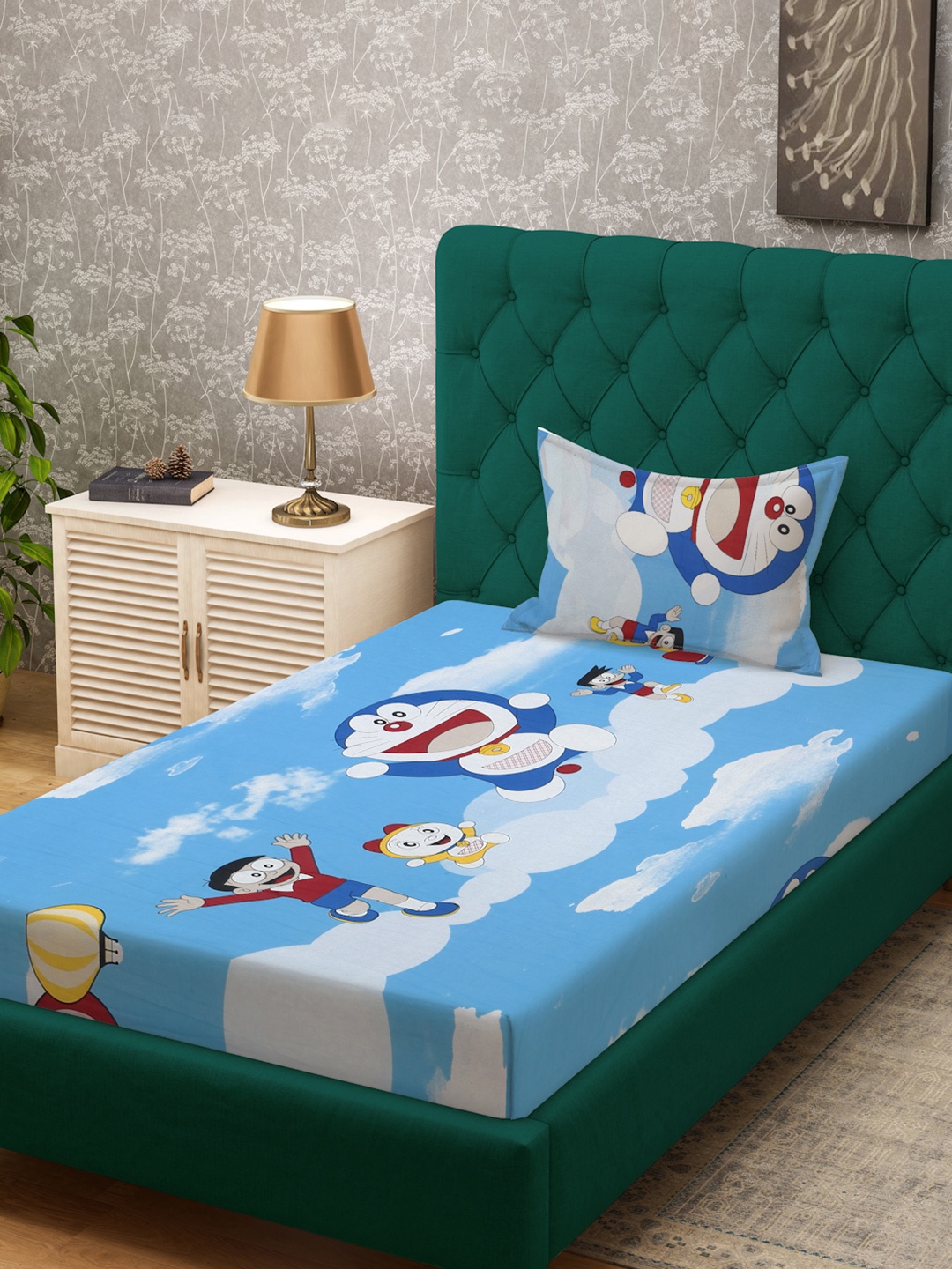 

KLOTTHE Blue & White Printed Pure Cotton 400 TC Fitted Single Bedsheet With Pillow Cover