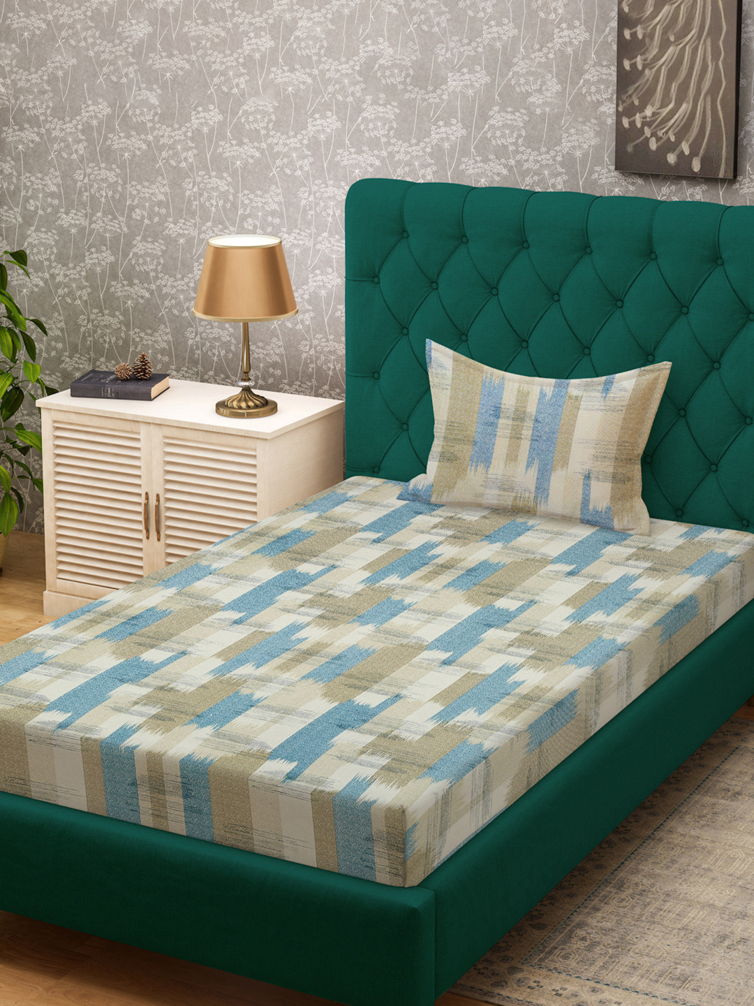 

KLOTTHE Green & Blue Printed Pure Cotton 400 TC Fitted Single Bedsheet With Pillow Cover