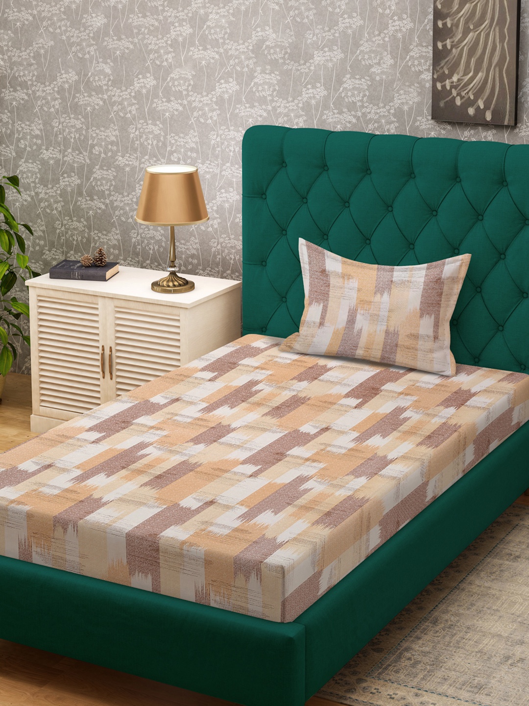 

KLOTTHE Brown & White Printed Pure Cotton 400 TC Fitted Single Bedsheet With Pillow Cover
