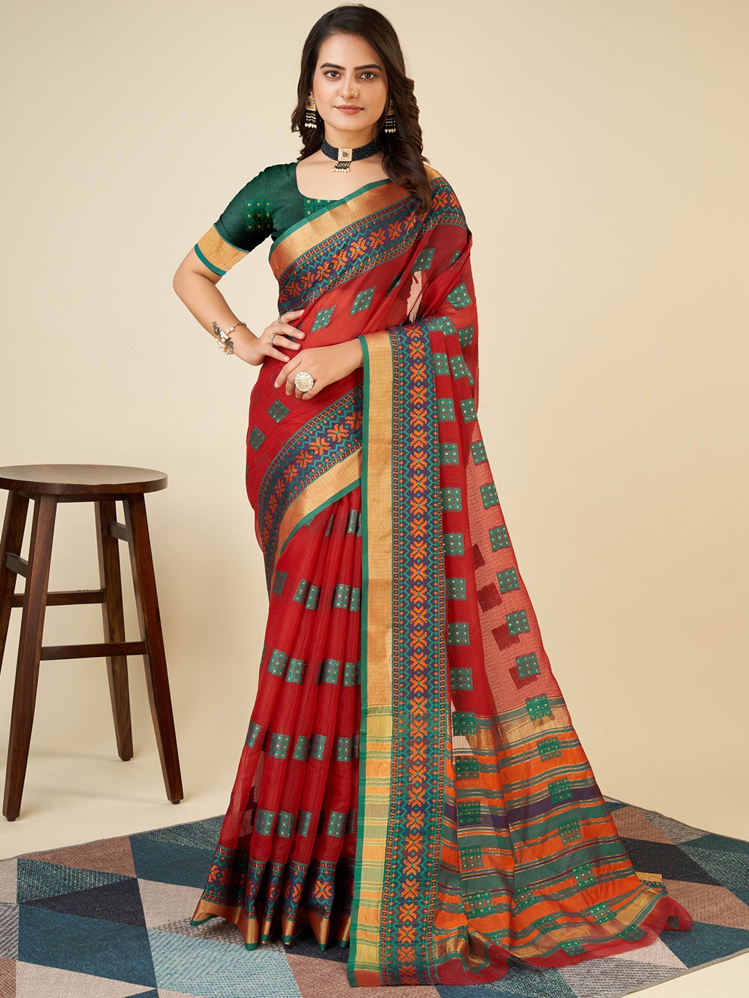 

bansari textiles Woven Design Zari Banarasi Saree, Red