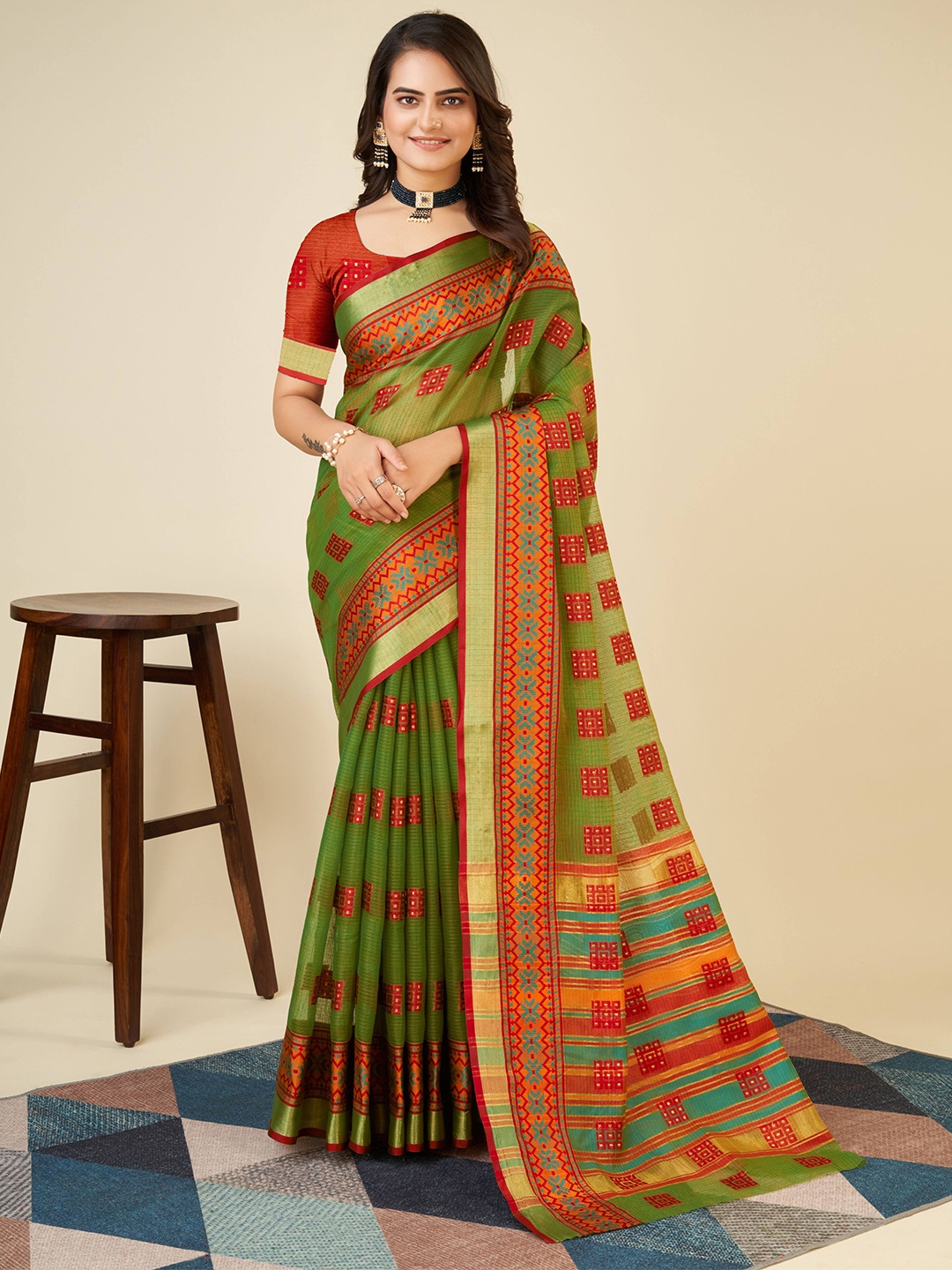 

bansari textiles Woven Design Zari Banarasi Saree, Green