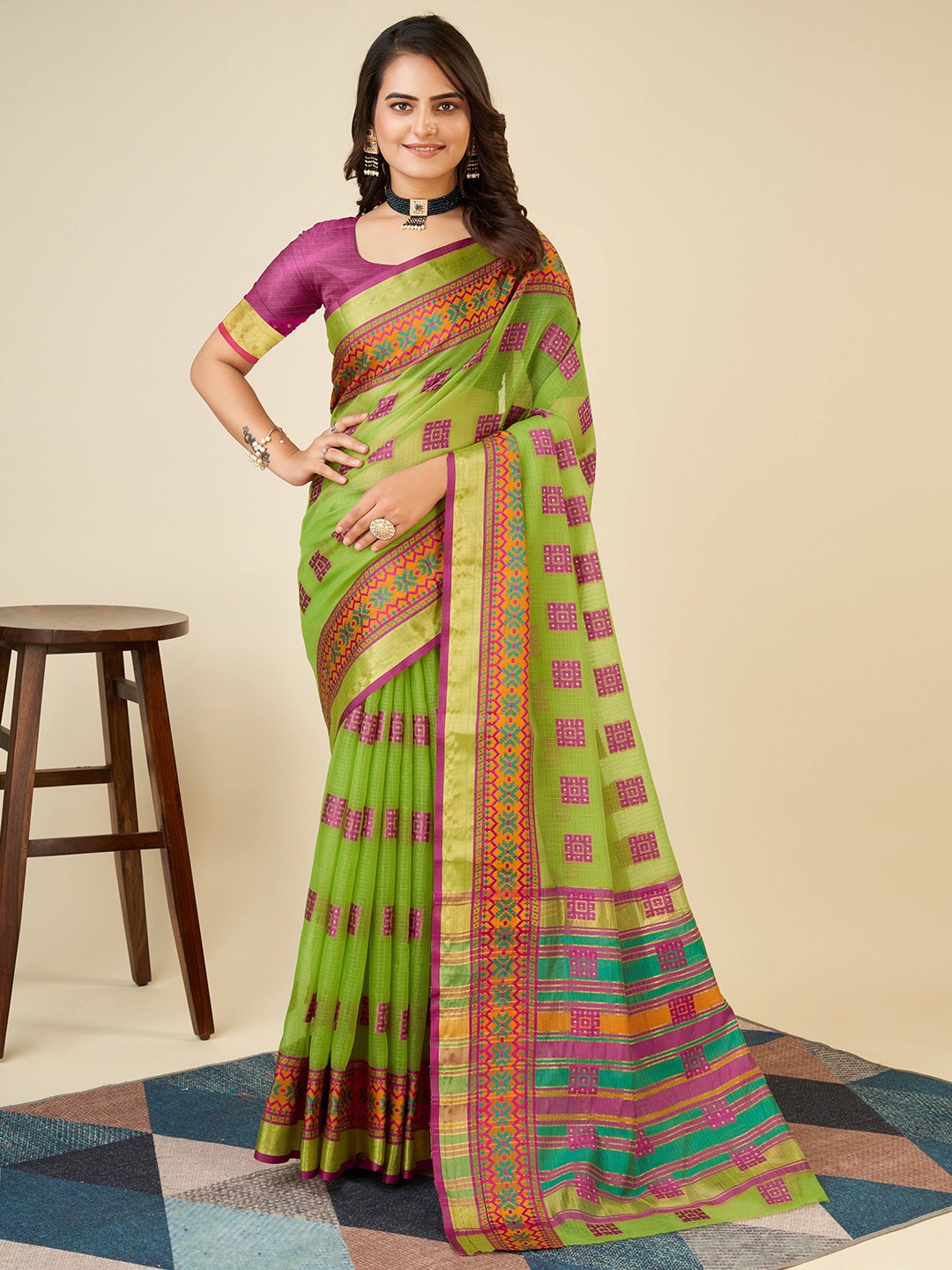 

bansari textiles Woven Design Zari Banarasi Saree, Lime green