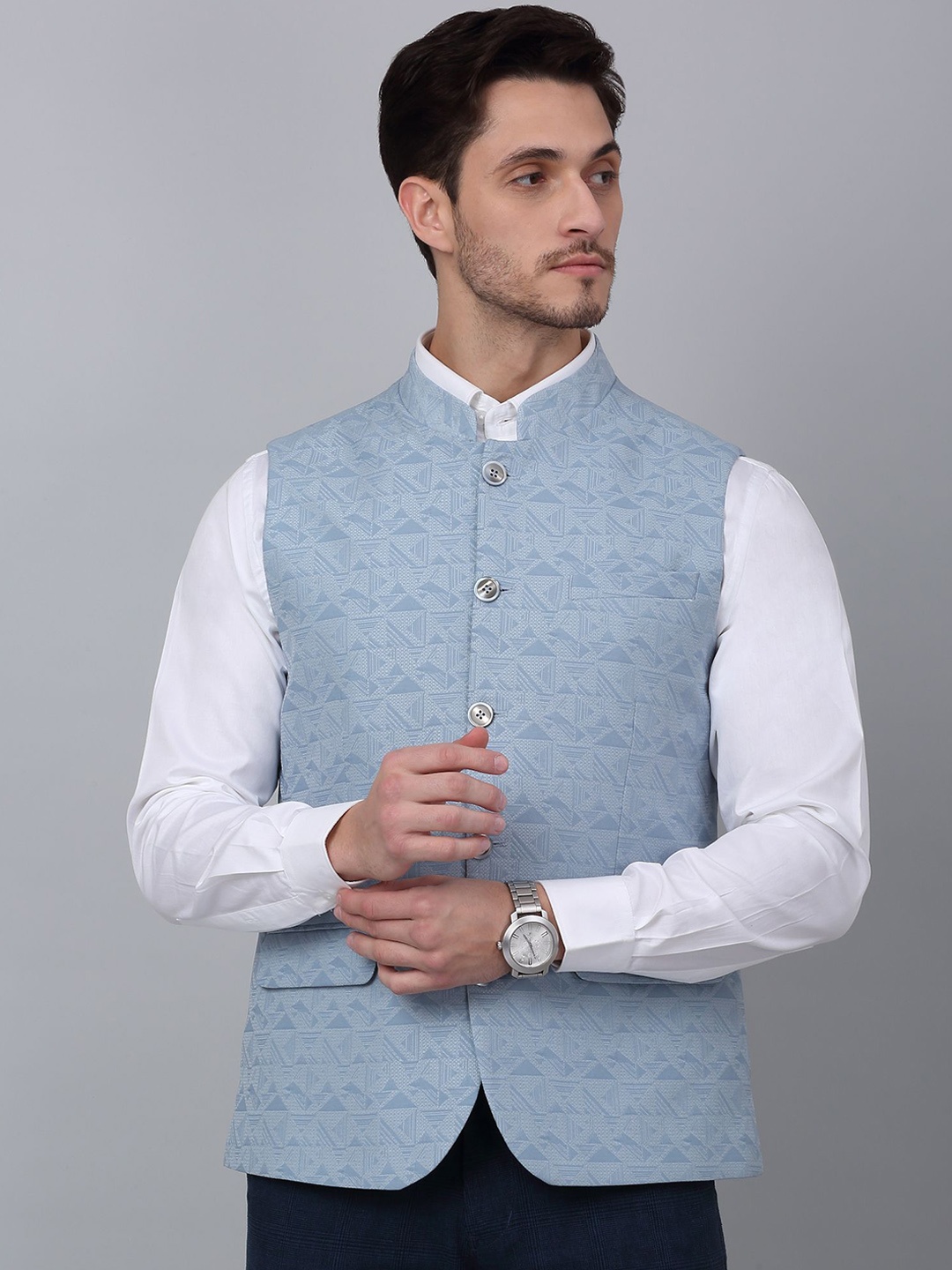 

Cantabil Men Self Design Woven Nehru Jacket, Blue