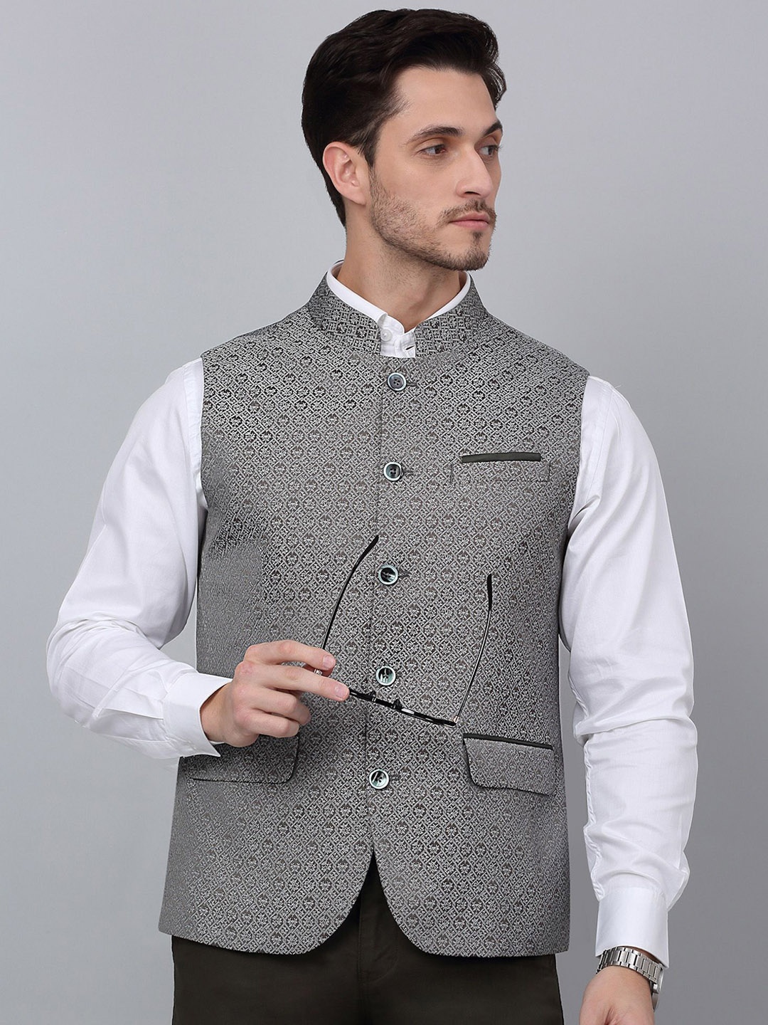 

Cantabil Self Design Nehru Jacket, Grey