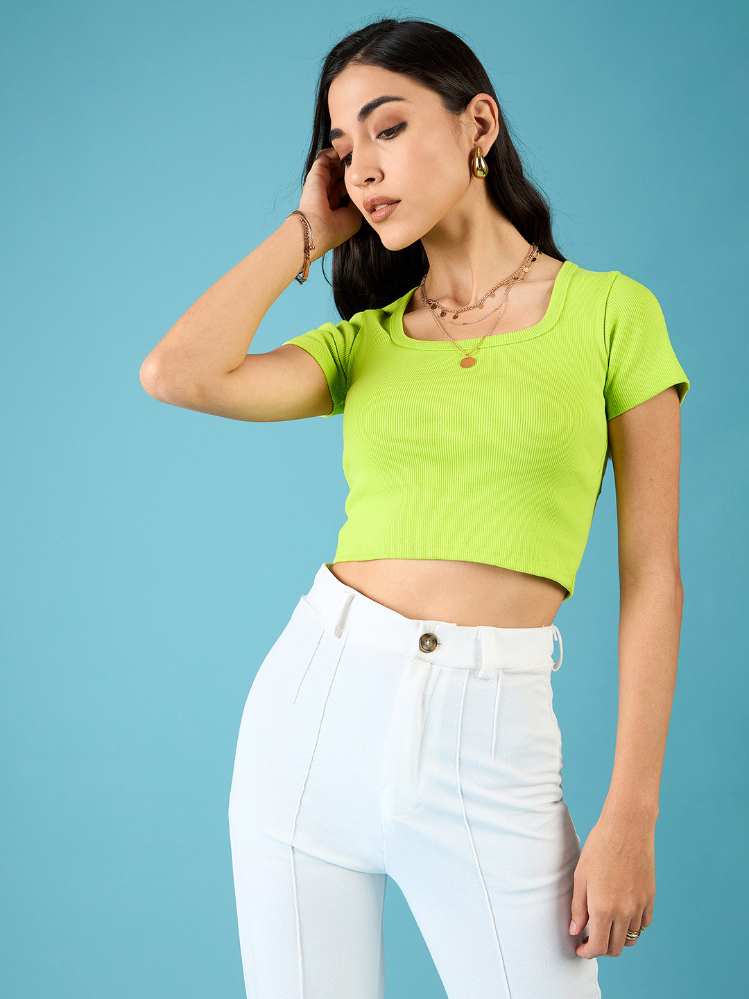 

Uptownie Stretchable Ribbed Half Sleeve Crop Top, Green