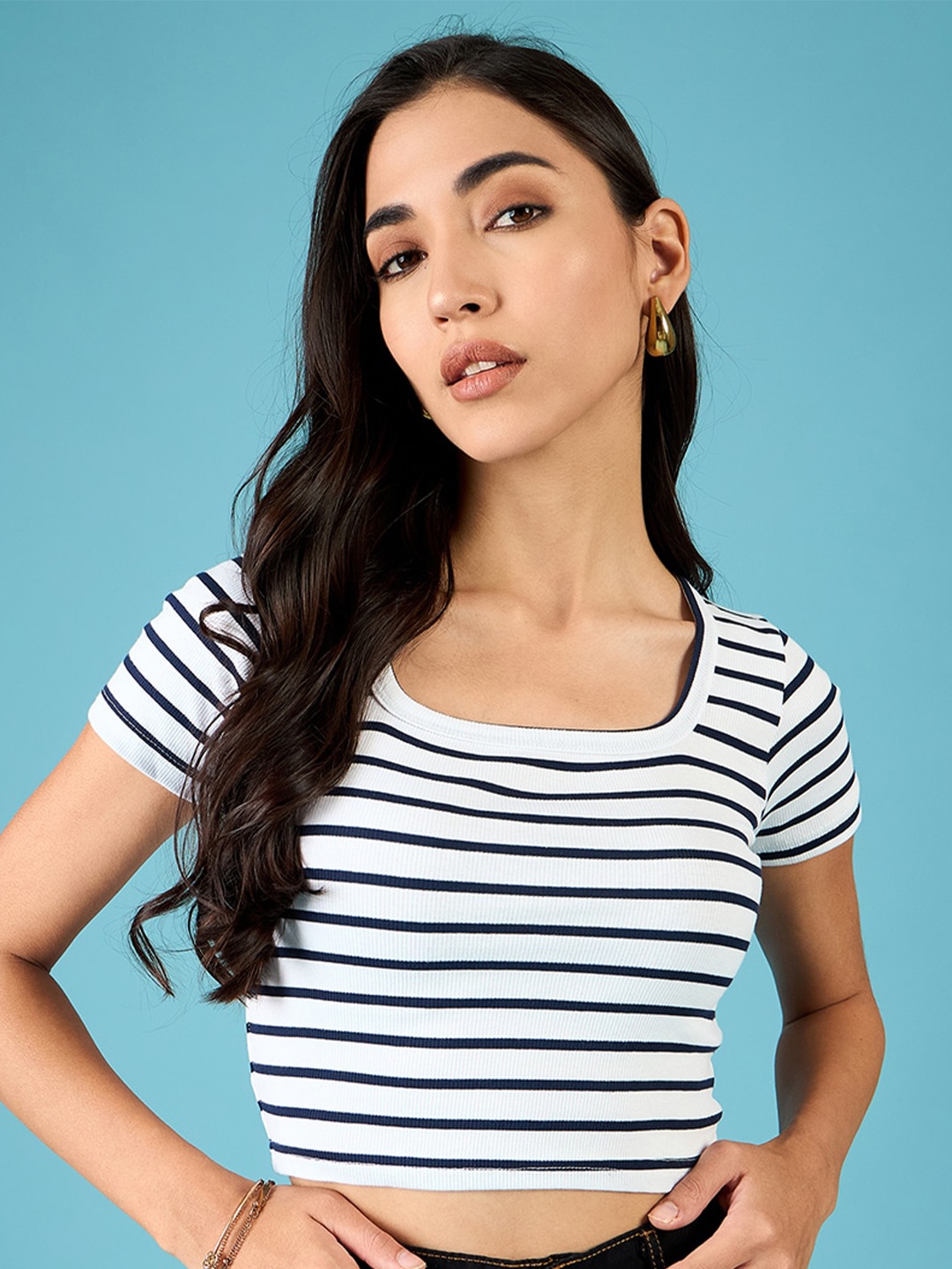 

Uptownie Stretchable Ribbed Half Sleeve Crop Top, White