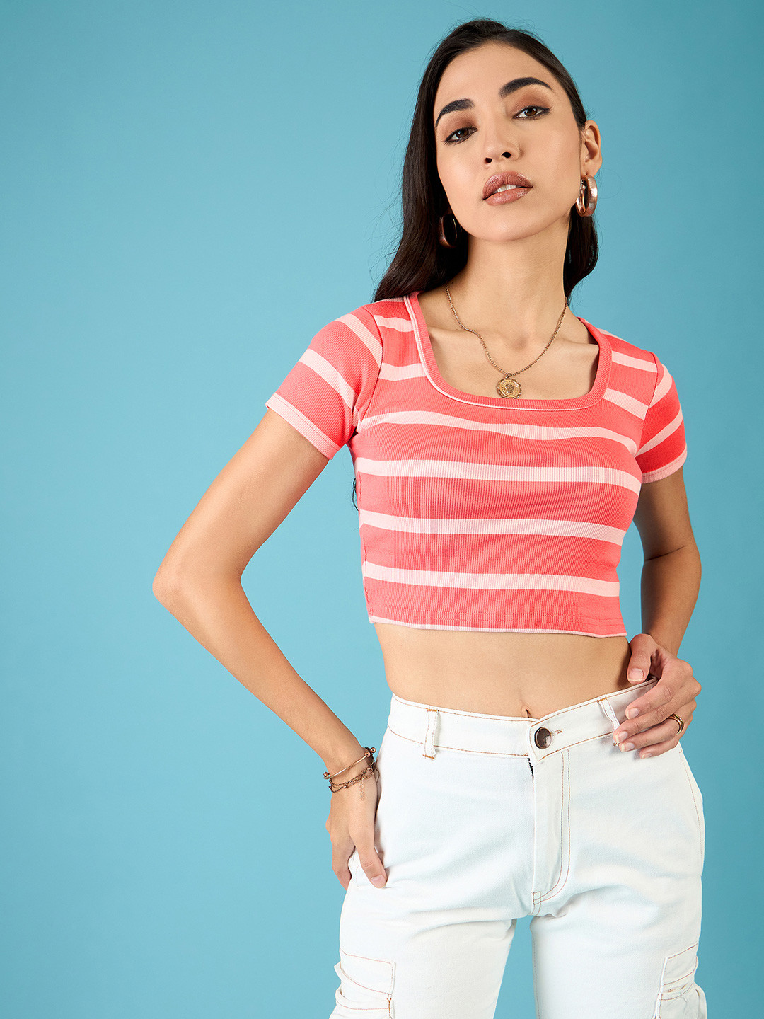 

Uptownie Stretchable Ribbed Half Sleeve Crop Top, Coral