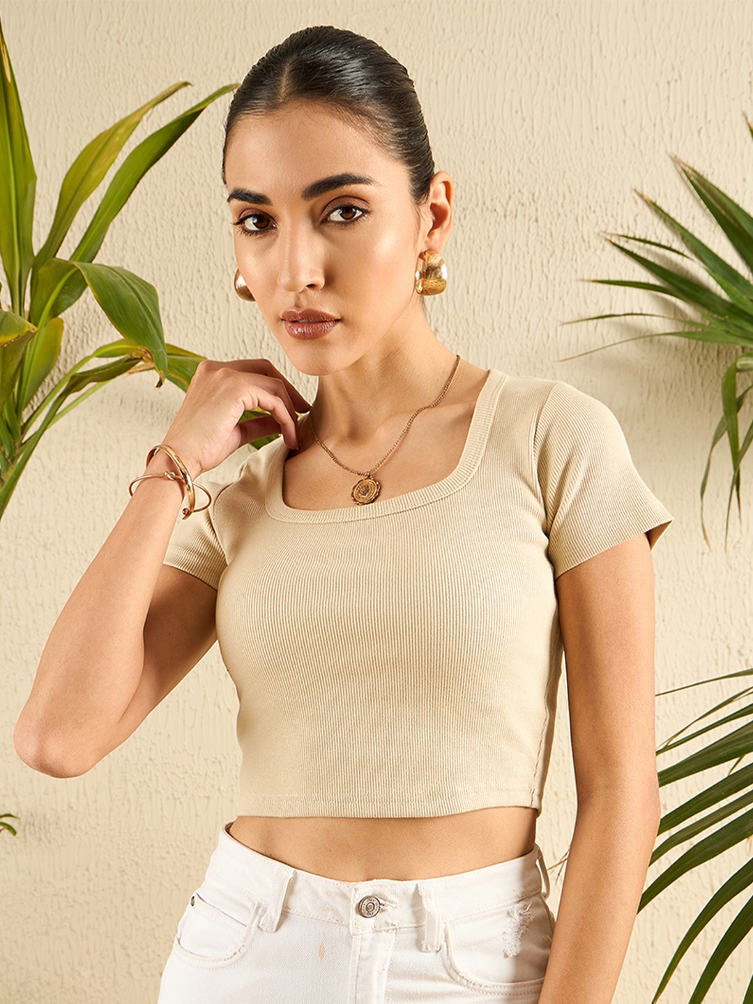 

Uptownie Stretchable Ribbed Half Sleeve Crop Top, Beige