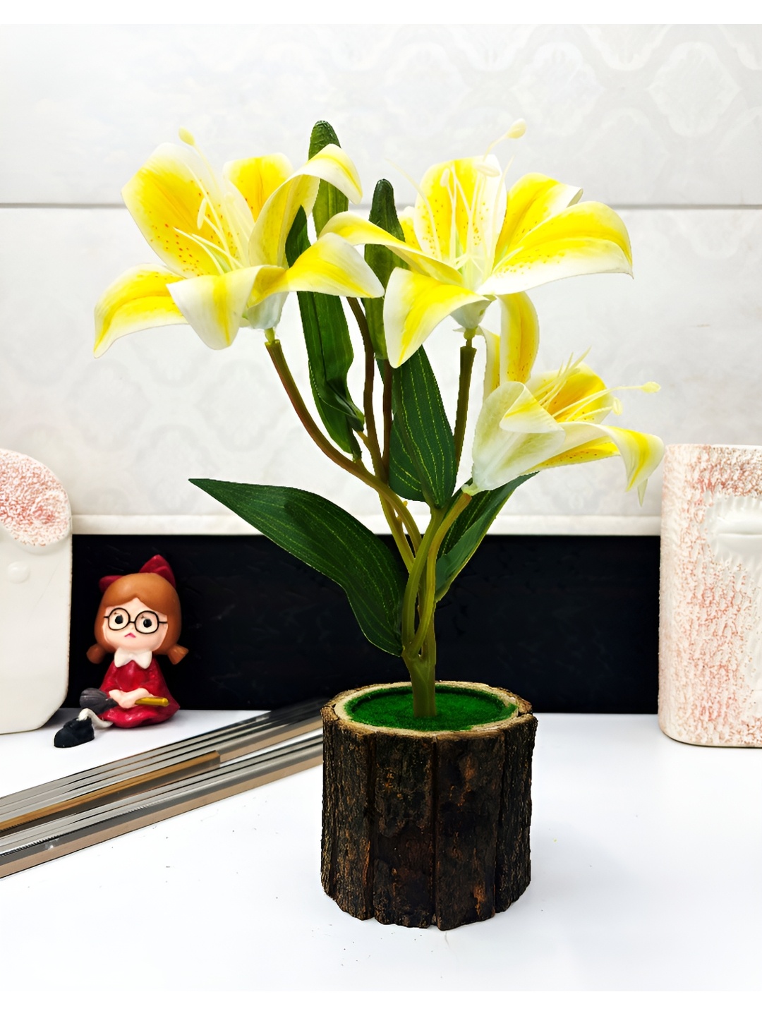 Dekorly Yellow 1 Pieces Lily Artificial Flower With Pot
