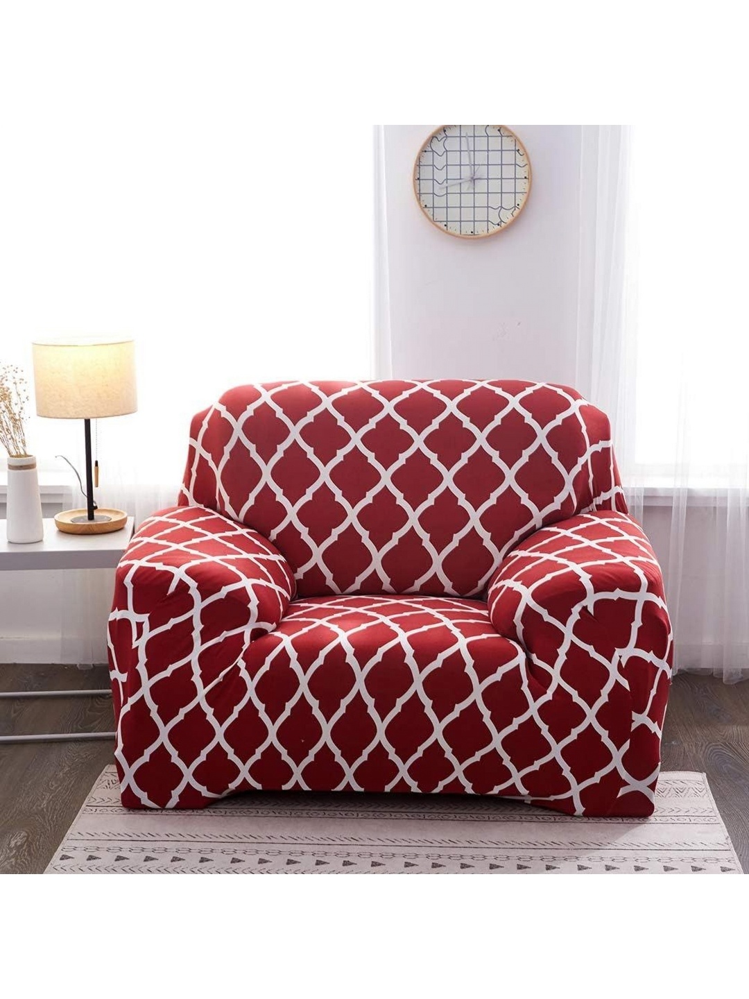 

Furshine Burgundy & White Printed Stretchable Sofa Cover With Arms