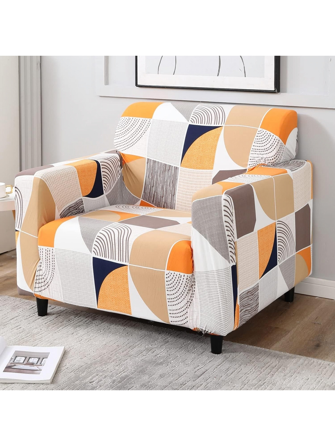 

Furshine White & Orange Printed Polyester 1 Piece Sofa Cover With Arms