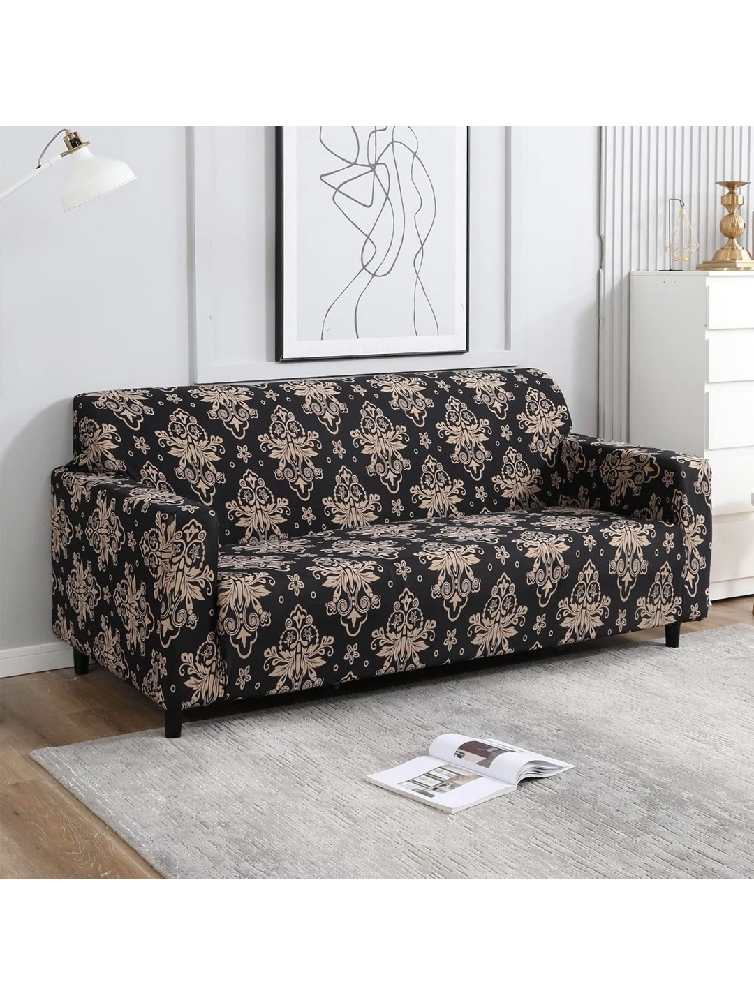 Furshine Black & Cream-Coloured Solid Polyester 1 Piece Sofa Cover With Arms