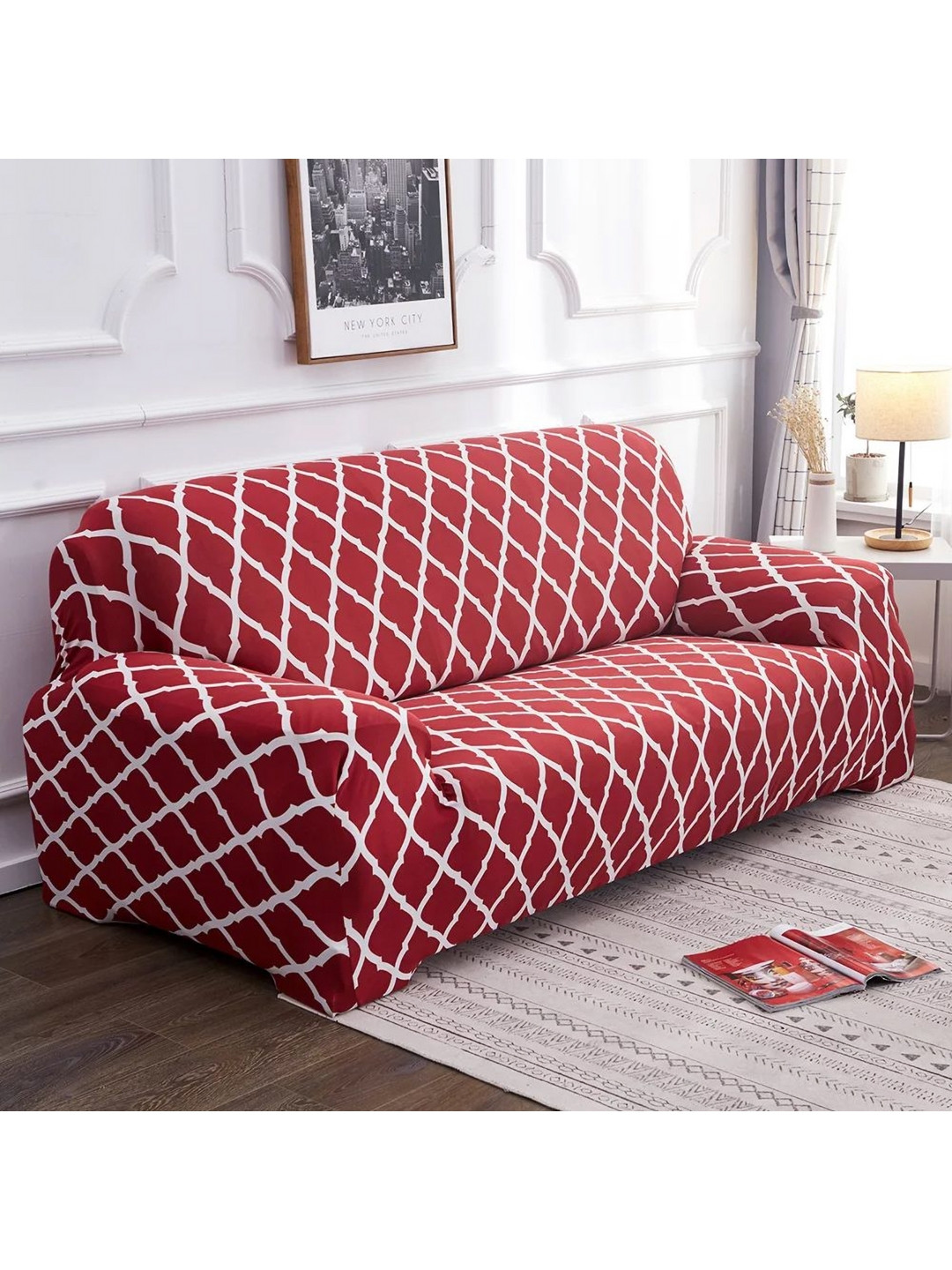 

Furshine Burgundy & White Printed Stretchable 3-Seater Sofa Cover With Arms