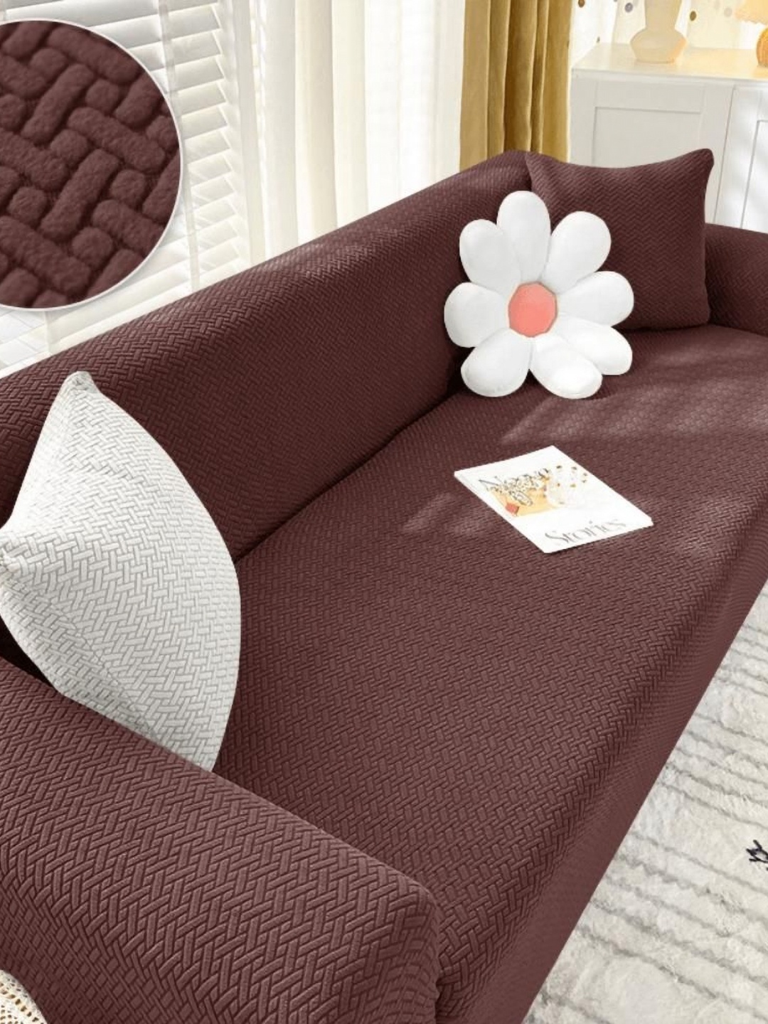 

Furshine Brown Self Design Stretchable 3-Seater Sofa Cover With Arms