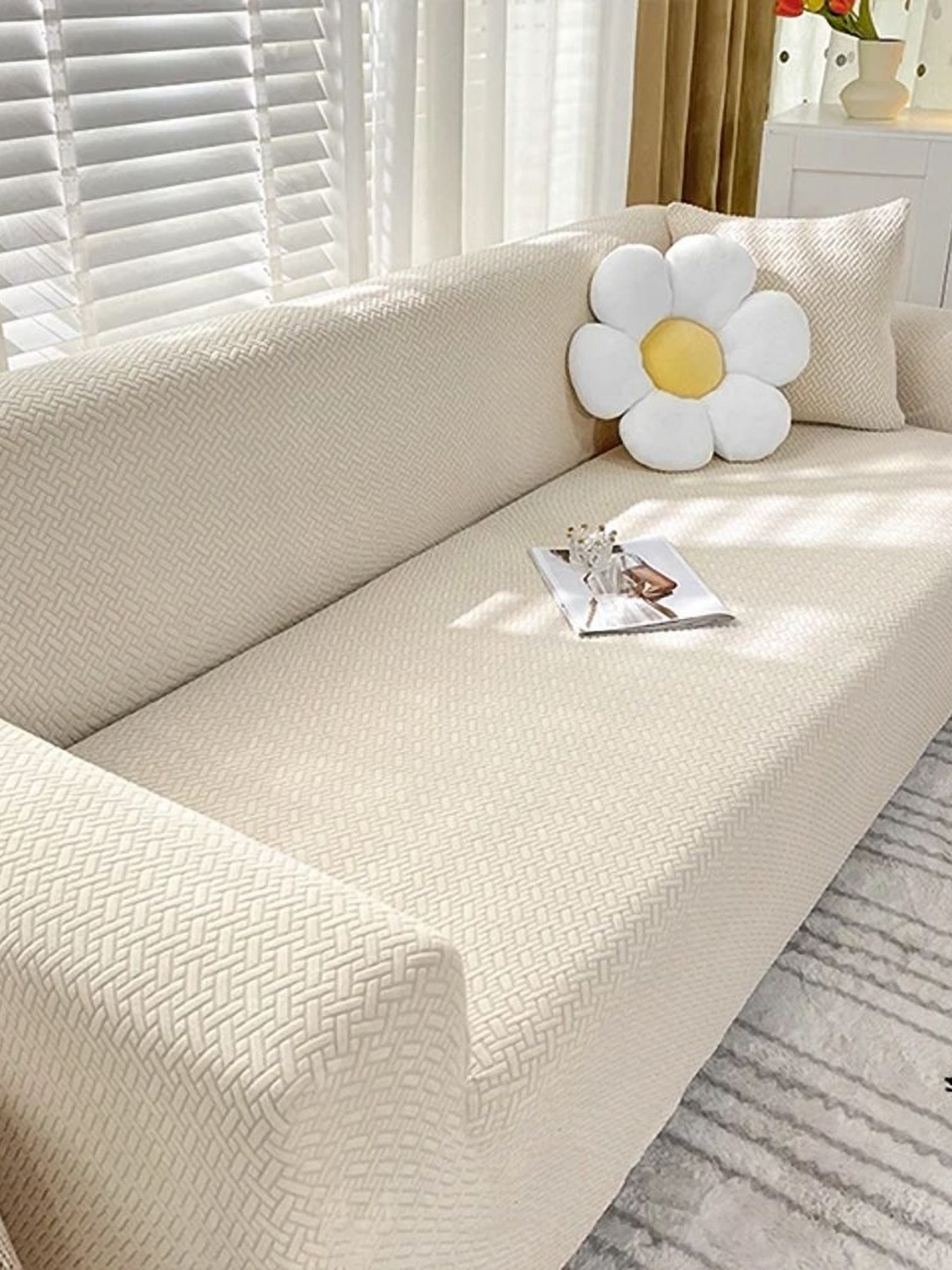 

Furshine Cream-Coloured Solid Polyester 1 Piece Sofa Cover With Arms