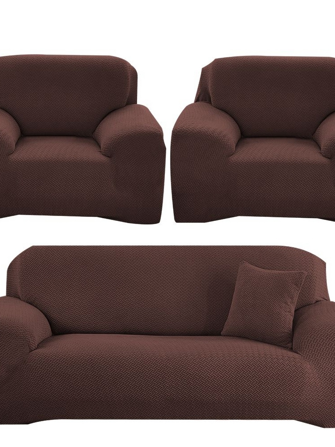 

Furshine Brown 3 Pieces Self Design Stretchable 5-Seater Sofa Covers With Arms