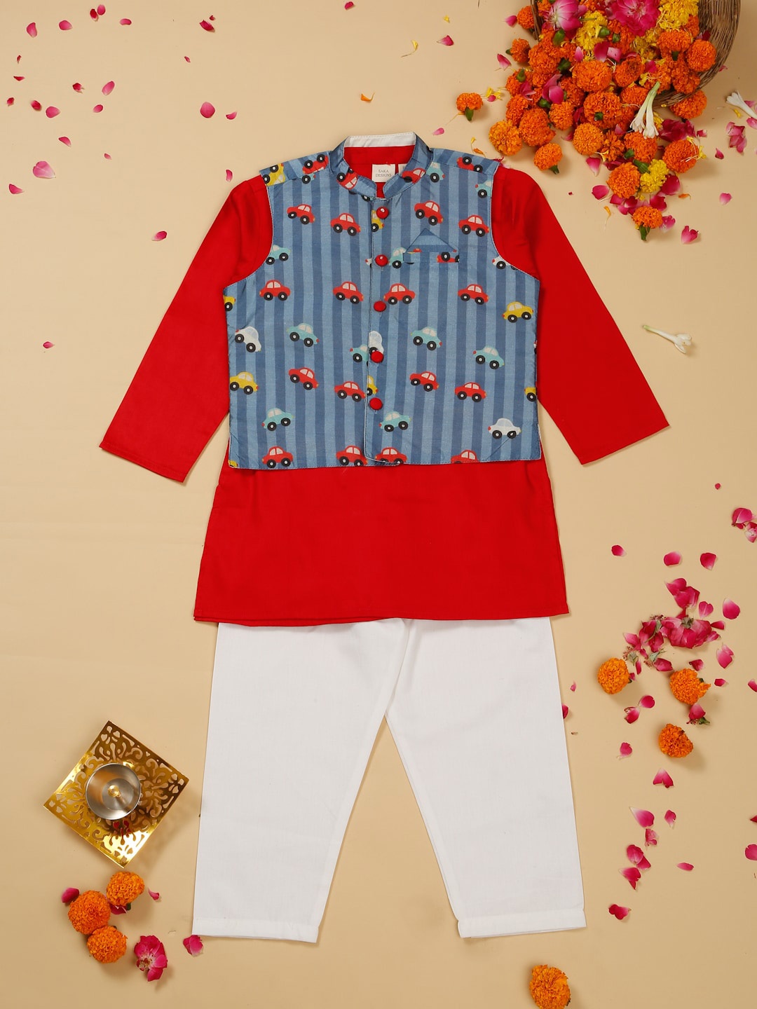 

SAKA DESIGNS Boys Floral Regular Kurta with Pyjamas, Red
