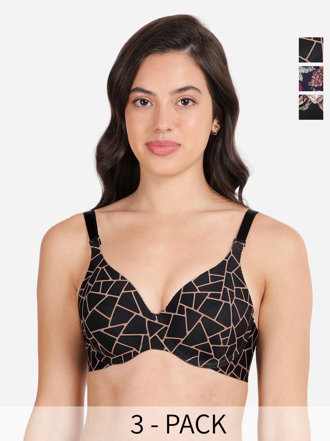 

shyaway Pack of 3 Printed Medium Coverage Lightly Padded T-shirt Bra-All Day Comfort, Black