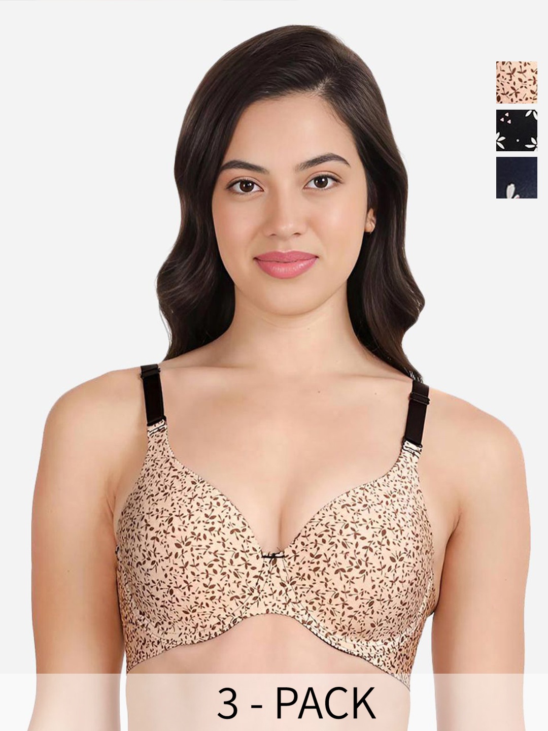 

shyaway Pack Of 3 Floral Coverage Underwired Lightly Padded T-shirt Bra-All Day Comfort, Blue